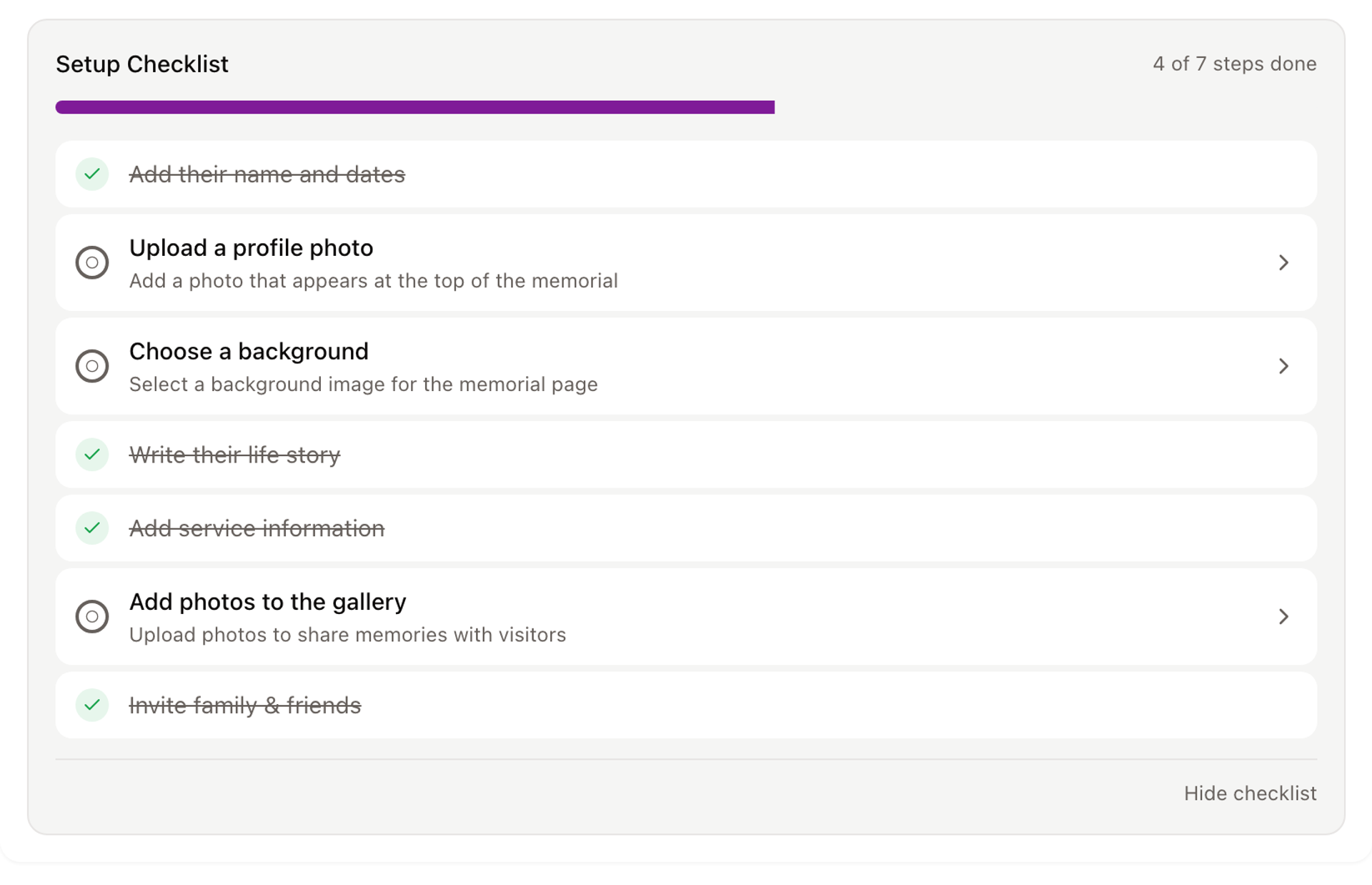 A setup checklist showing seven guided steps for building a memorial page, four marked complete