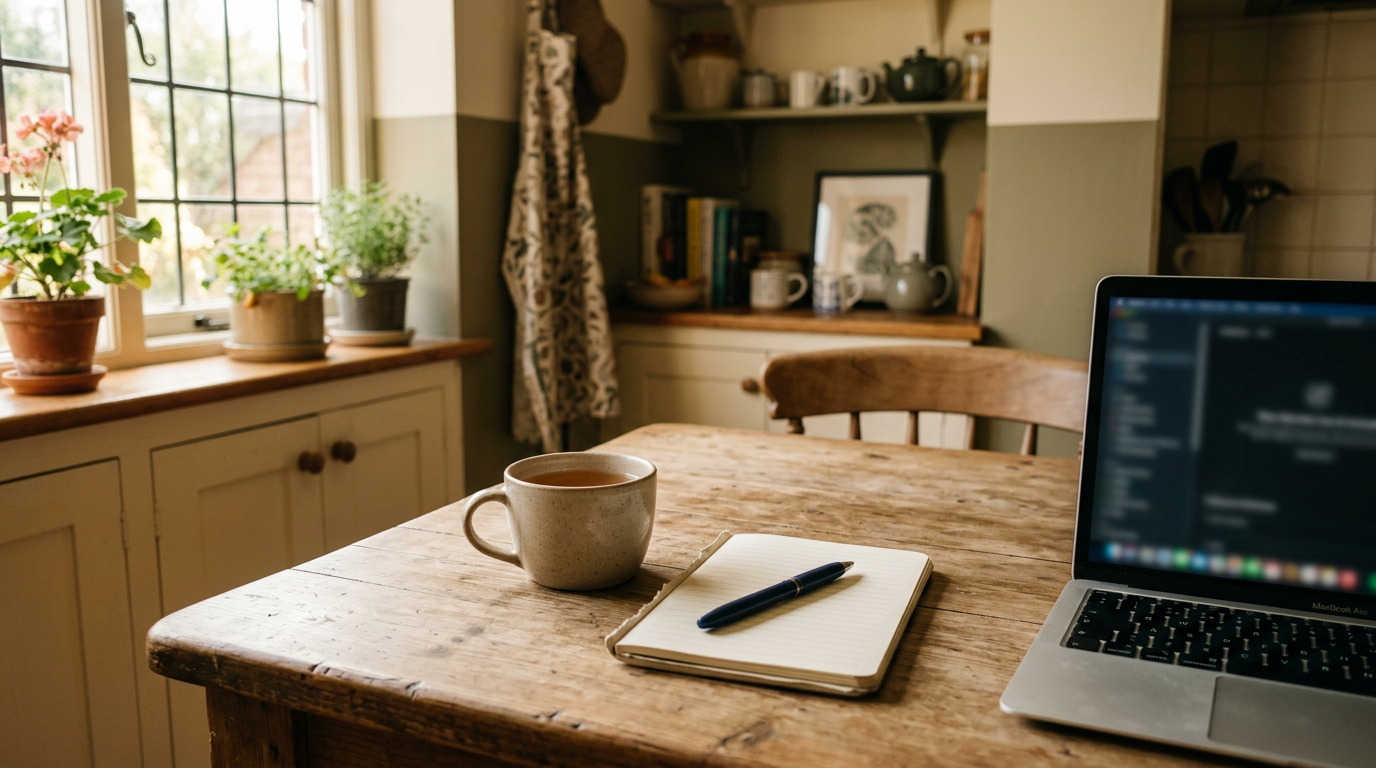 A quiet kitchen table with a cup of tea, a notebook, and a partially visible laptop, suggesting a   considered decision.