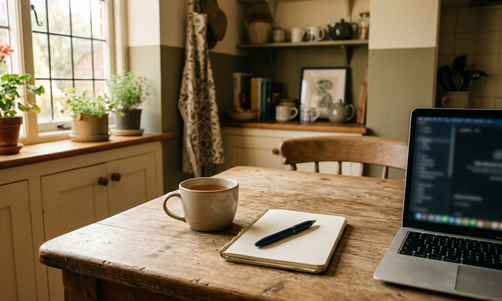 A quiet kitchen table with a cup of tea, a notebook, and a partially visible laptop, suggesting a considered decision.