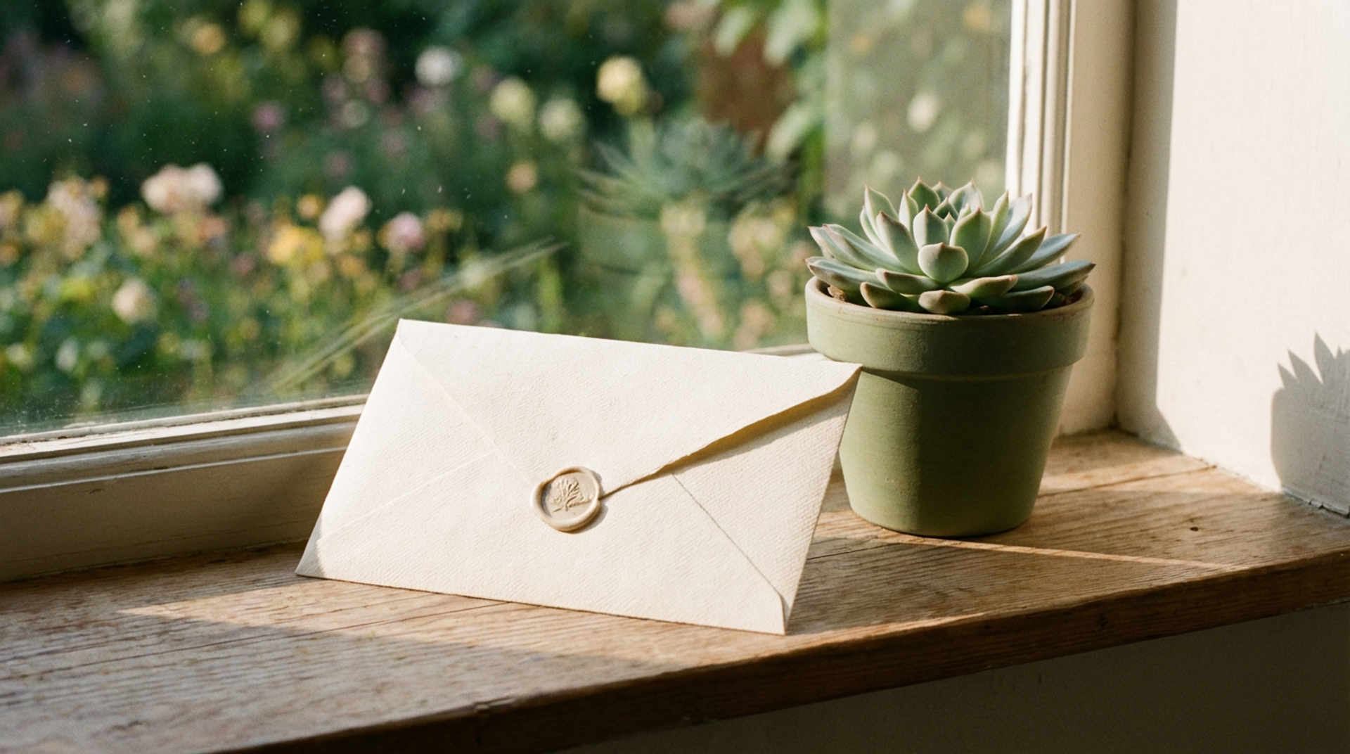 A sealed envelope resting on a sunlit windowsill beside a small potted succulent, representing digital legacy planning and putting your affairs in order for your family