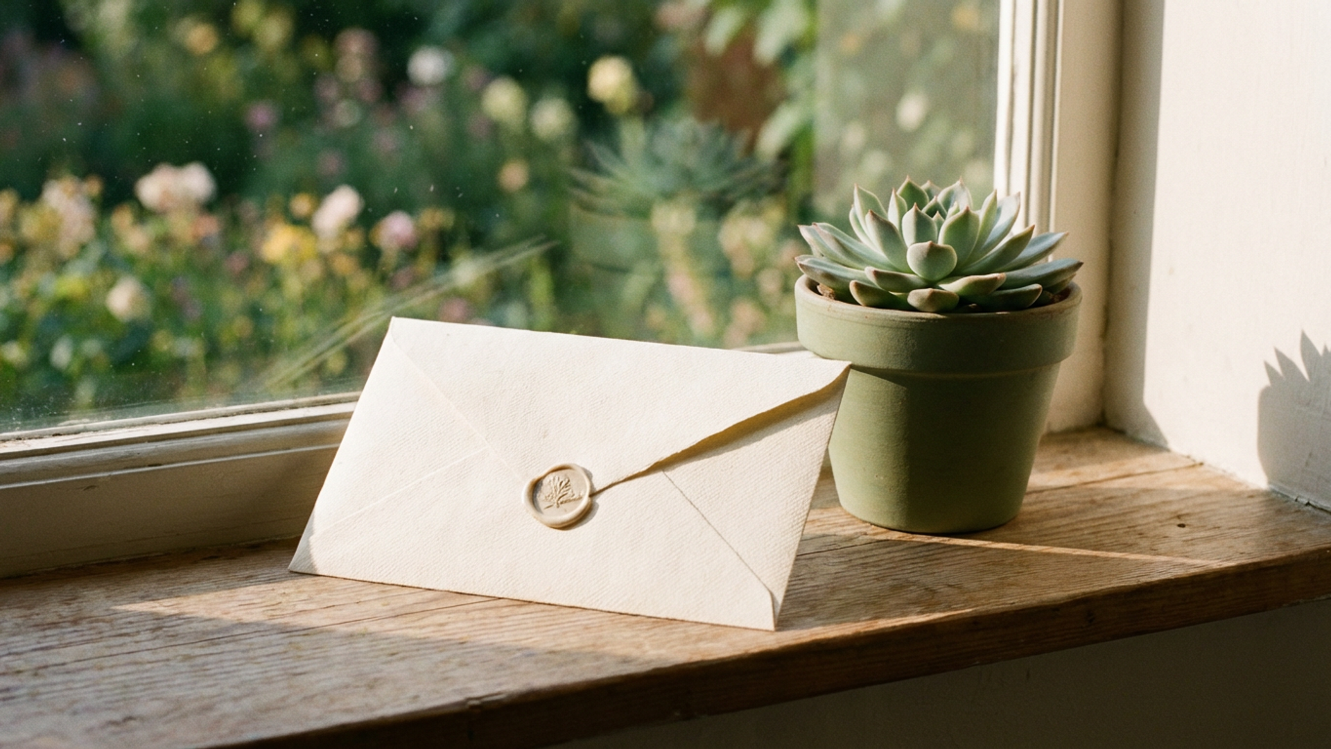 A sealed envelope resting on a sunlit windowsill beside a small potted succulent, representing digital legacy planning and putting your affairs in order for your family