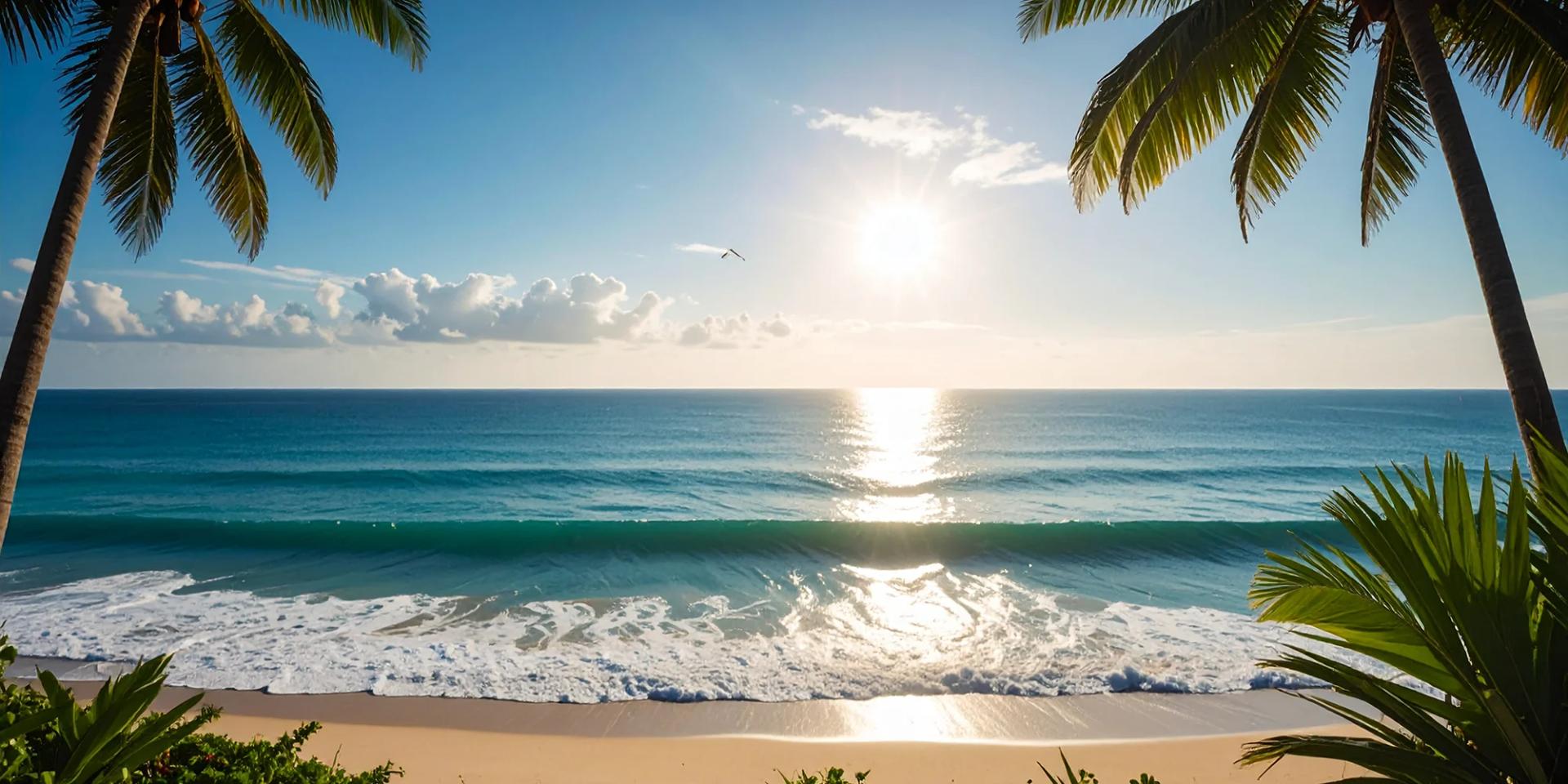 Palm trees framing a tropical beach and clear turquoise ocean