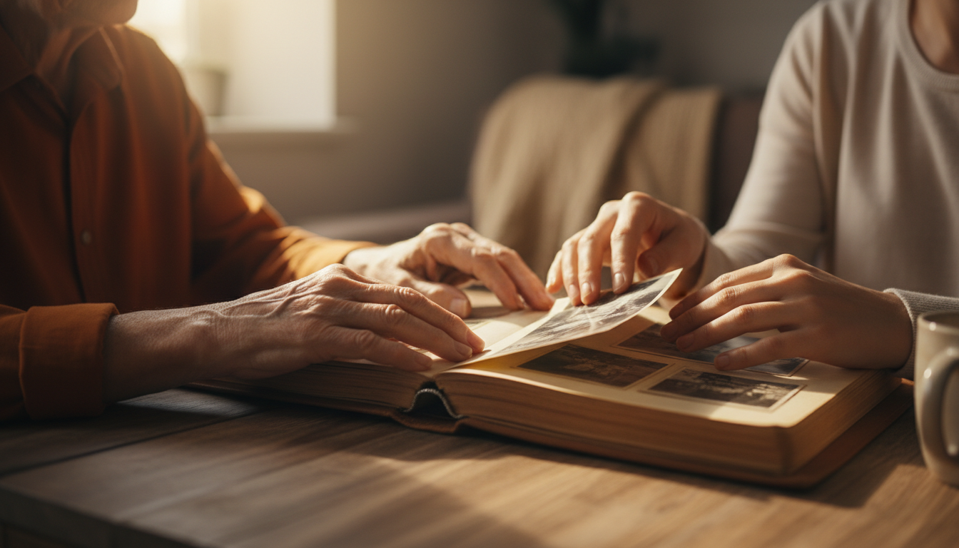 Two pairs of hands, one elderly and one younger, turning the pages of a family photo album together in warm natural light