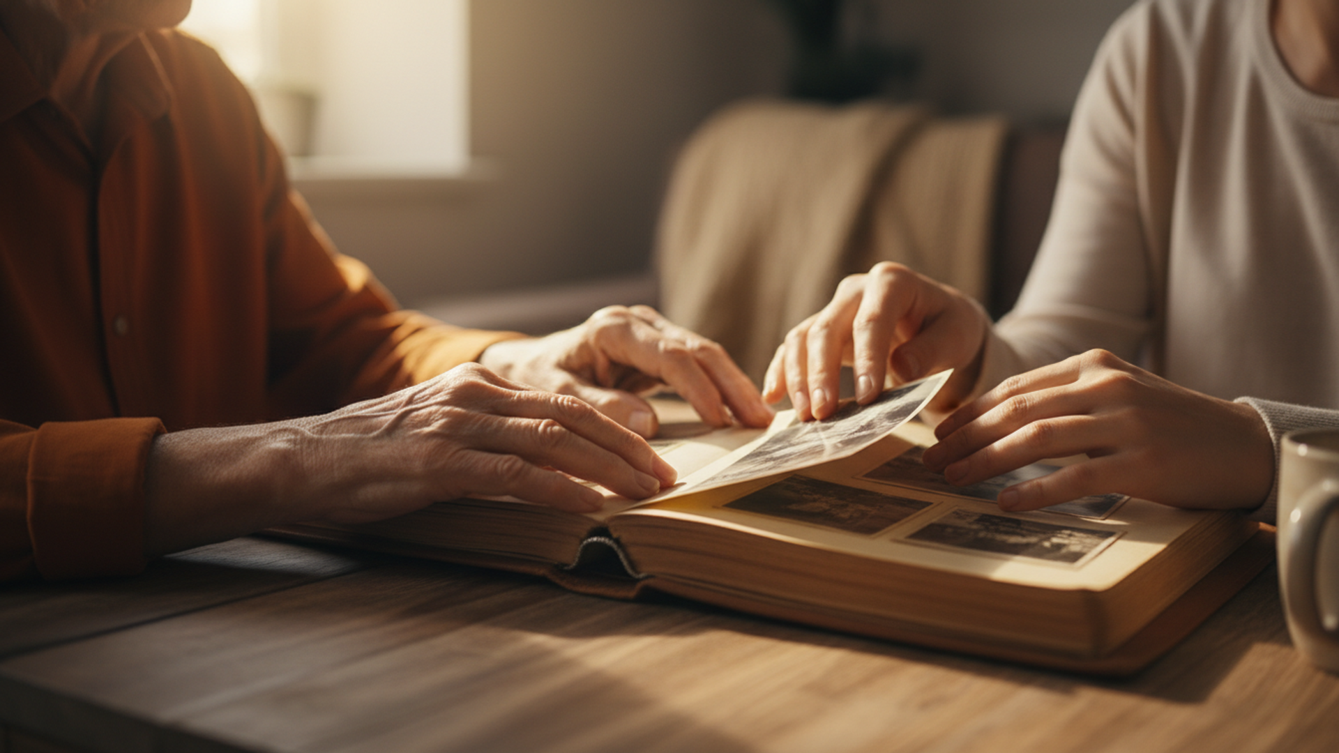 Two pairs of hands, one elderly and one younger, turning the pages of a family photo album together in warm natural light