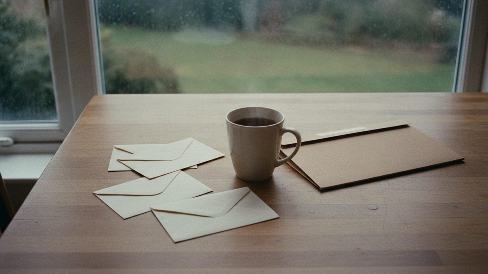 A few plain envelopes, a mug of tea and a closed brown folder on a wooden kitchen table beside a rain-flecked window
