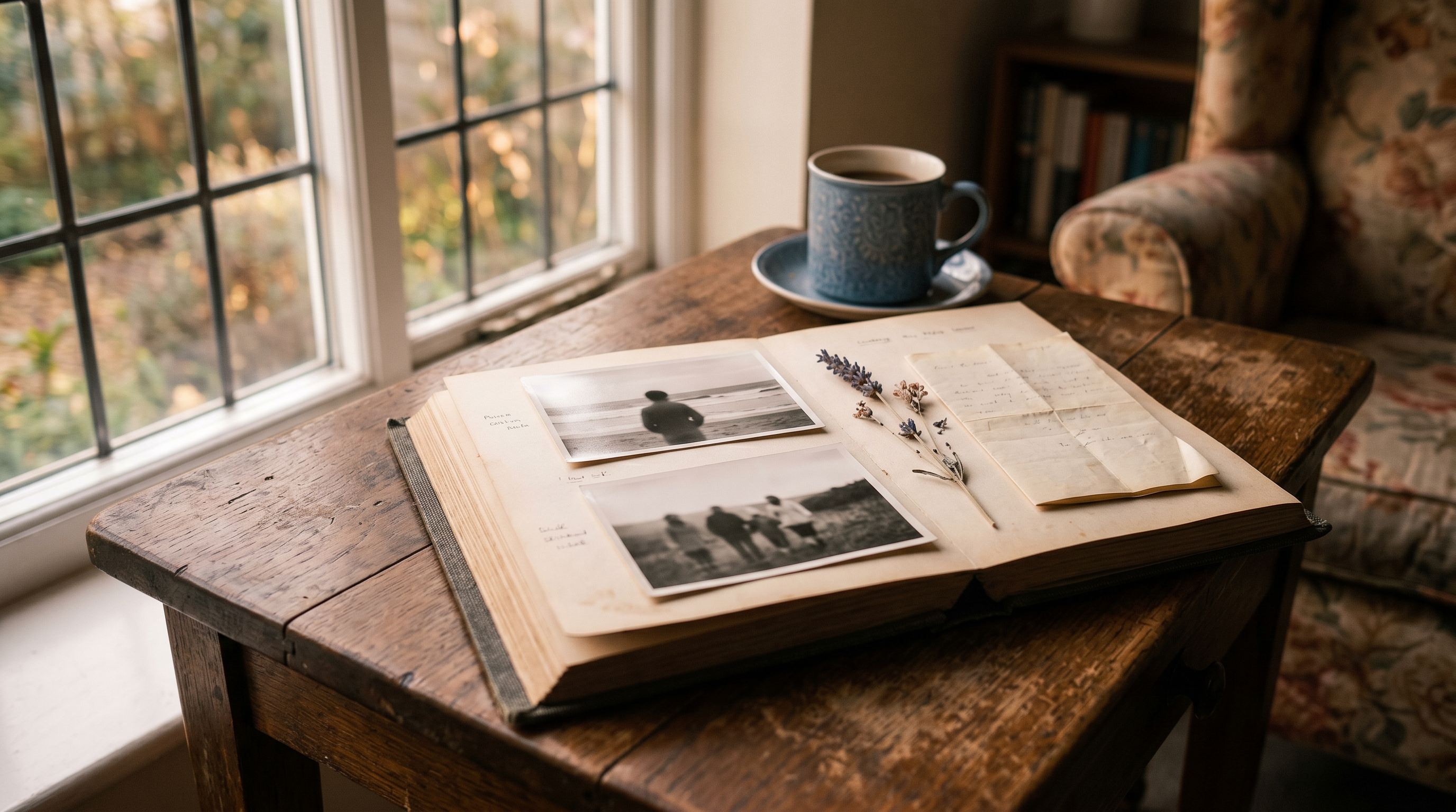 An open photo album on a wooden surface in soft afternoon light, a few photographs and a folded note beside it.