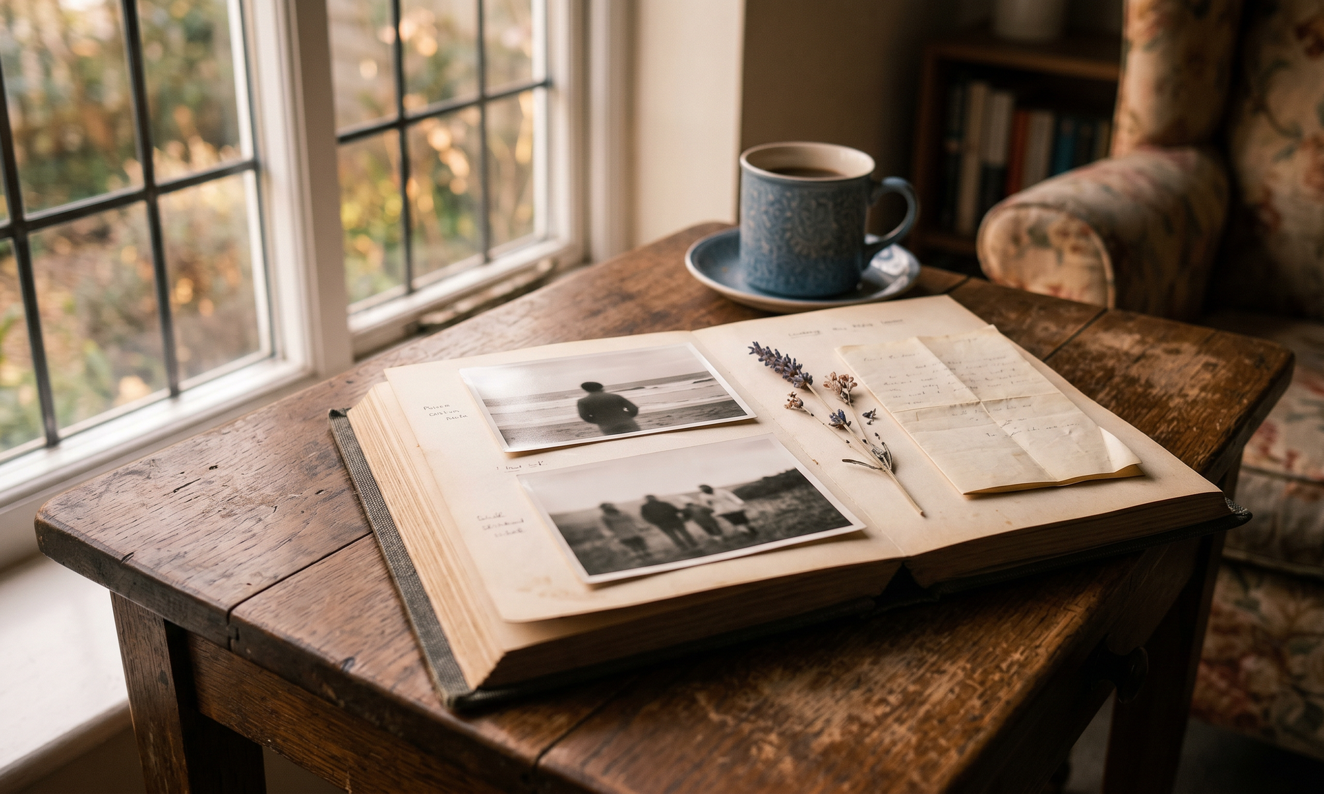 An open photo album on a wooden surface in soft afternoon light, a few photographs and a folded note beside it.