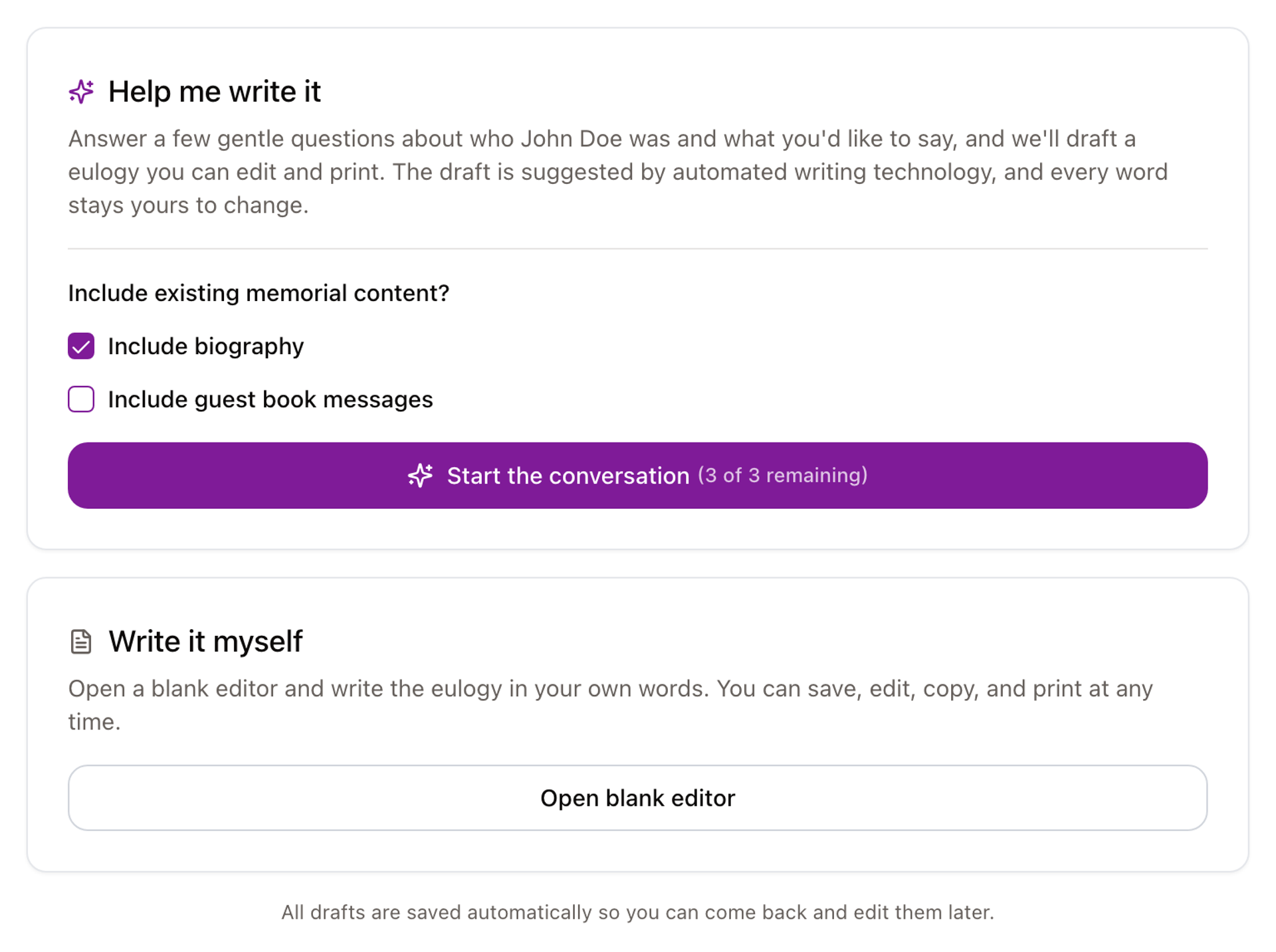 The eulogy writer offering to draft a eulogy with writing help or to write it yourself in a blank editor