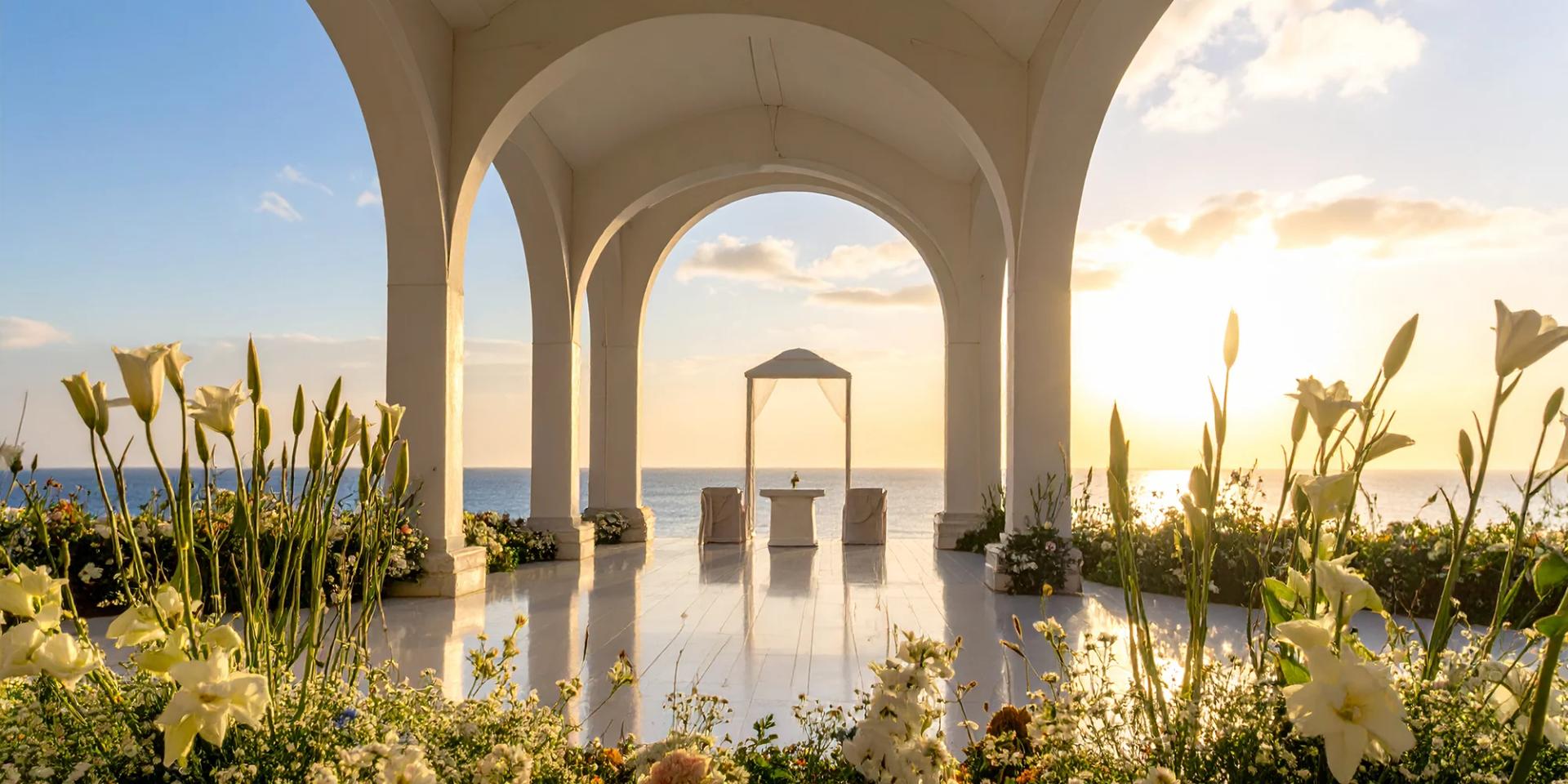 White arched colonnade with floral arrangements overlooking the sea
