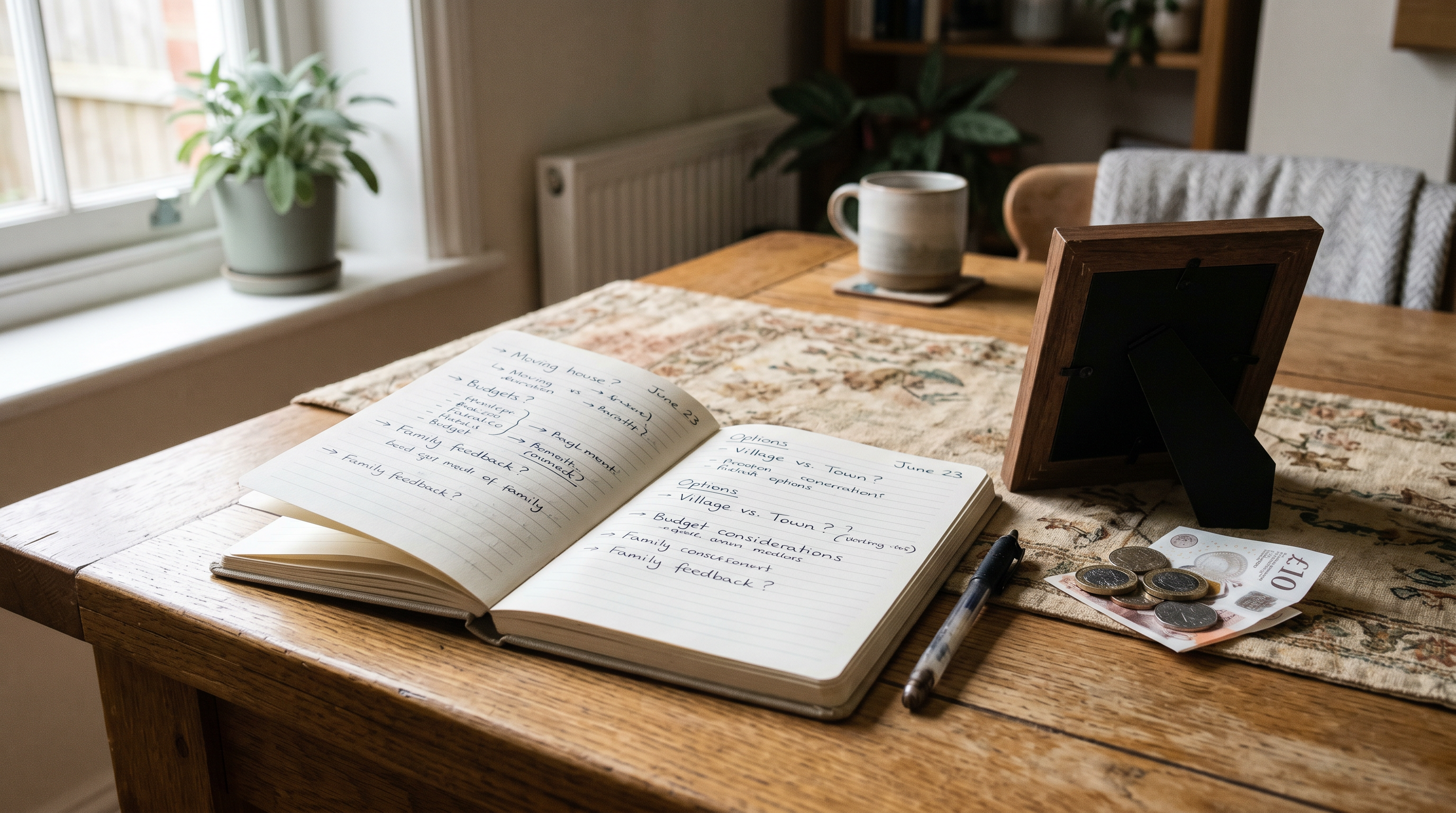 A notebook with handwritten notes beside a small framed photograph, suggesting a family weighing a   considered choice.