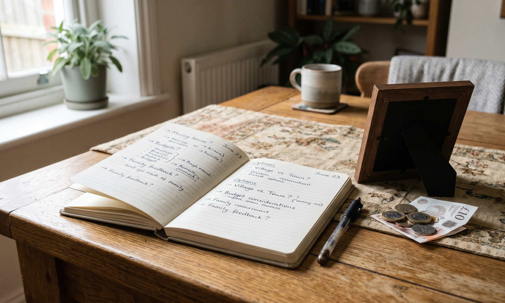 A notebook with handwritten notes beside a small framed photograph, suggesting a family weighing a considered choice.