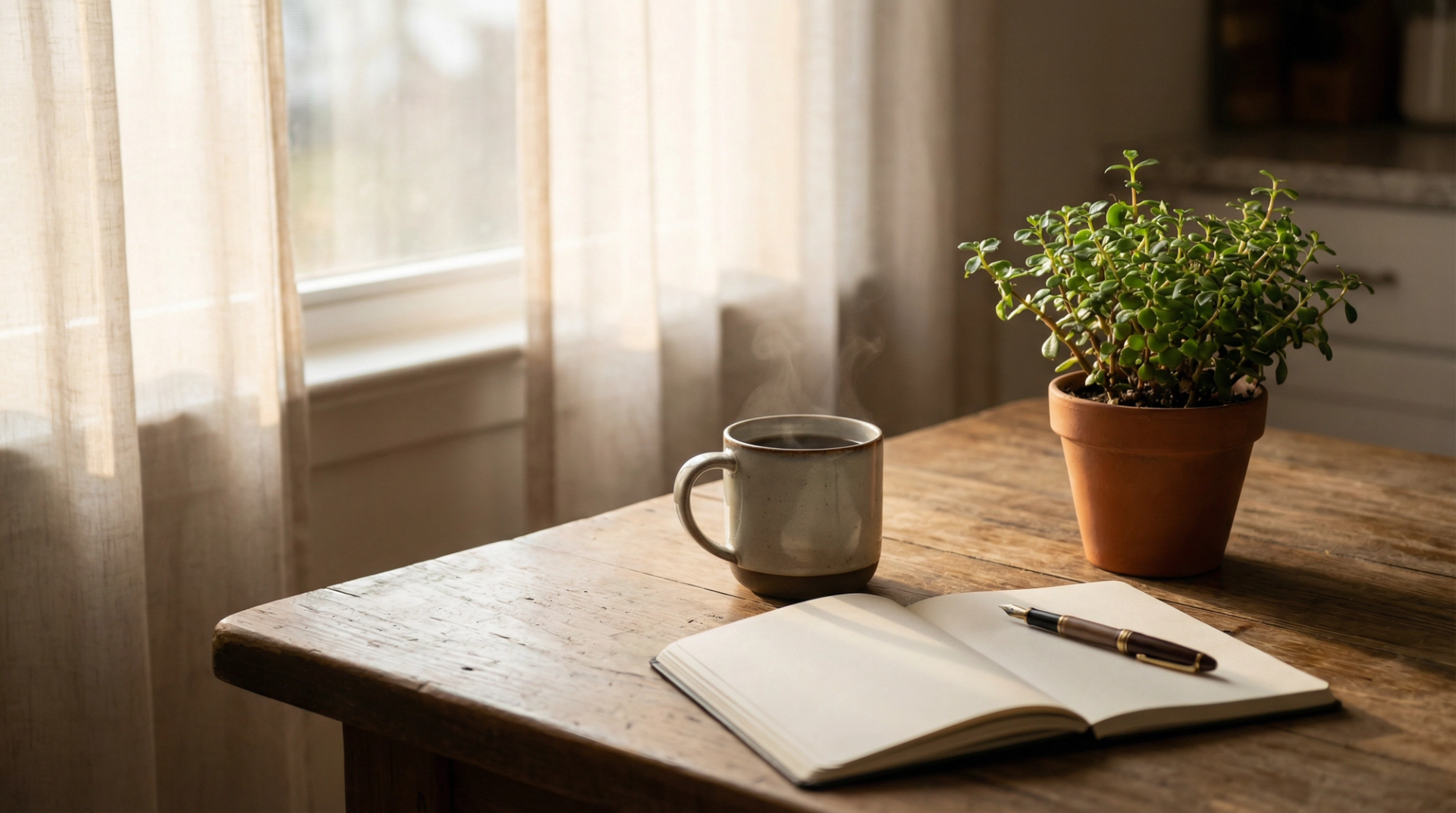 A cup of tea beside a notepad and pen on a kitchen table in soft morning light, suggesting quiet preparation after a bereavement