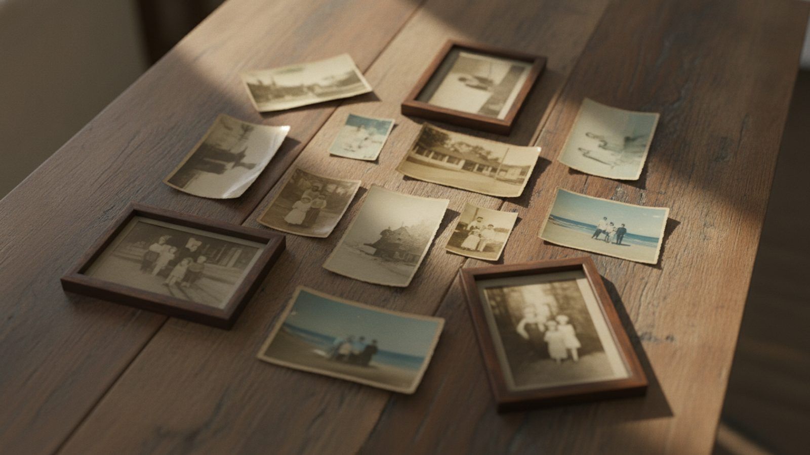 Old family photographs from several generations spread across a wooden table