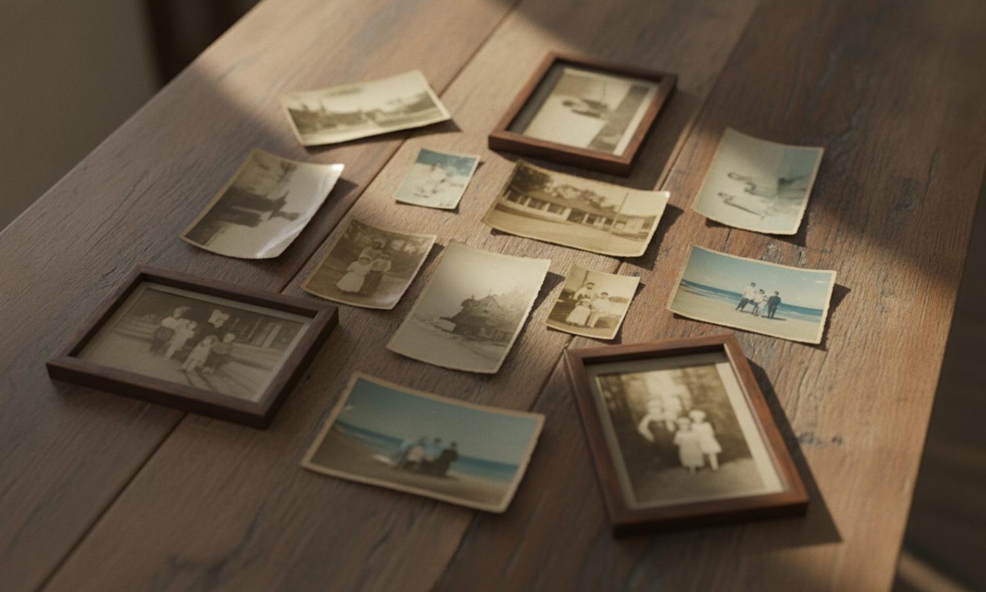 Old family photographs from several generations spread across a wooden table