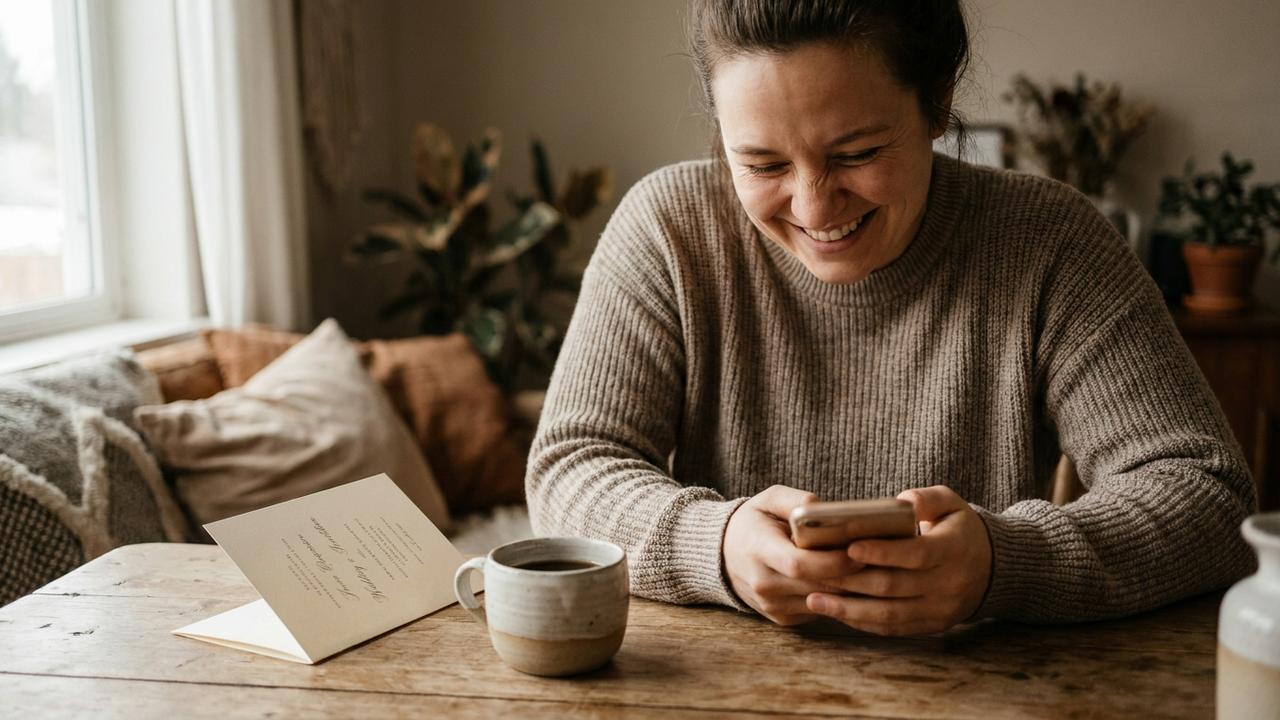 A person at home smiling as they reply to a wedding invitation on their phone, with an elegant invitation card and a coffee on the table