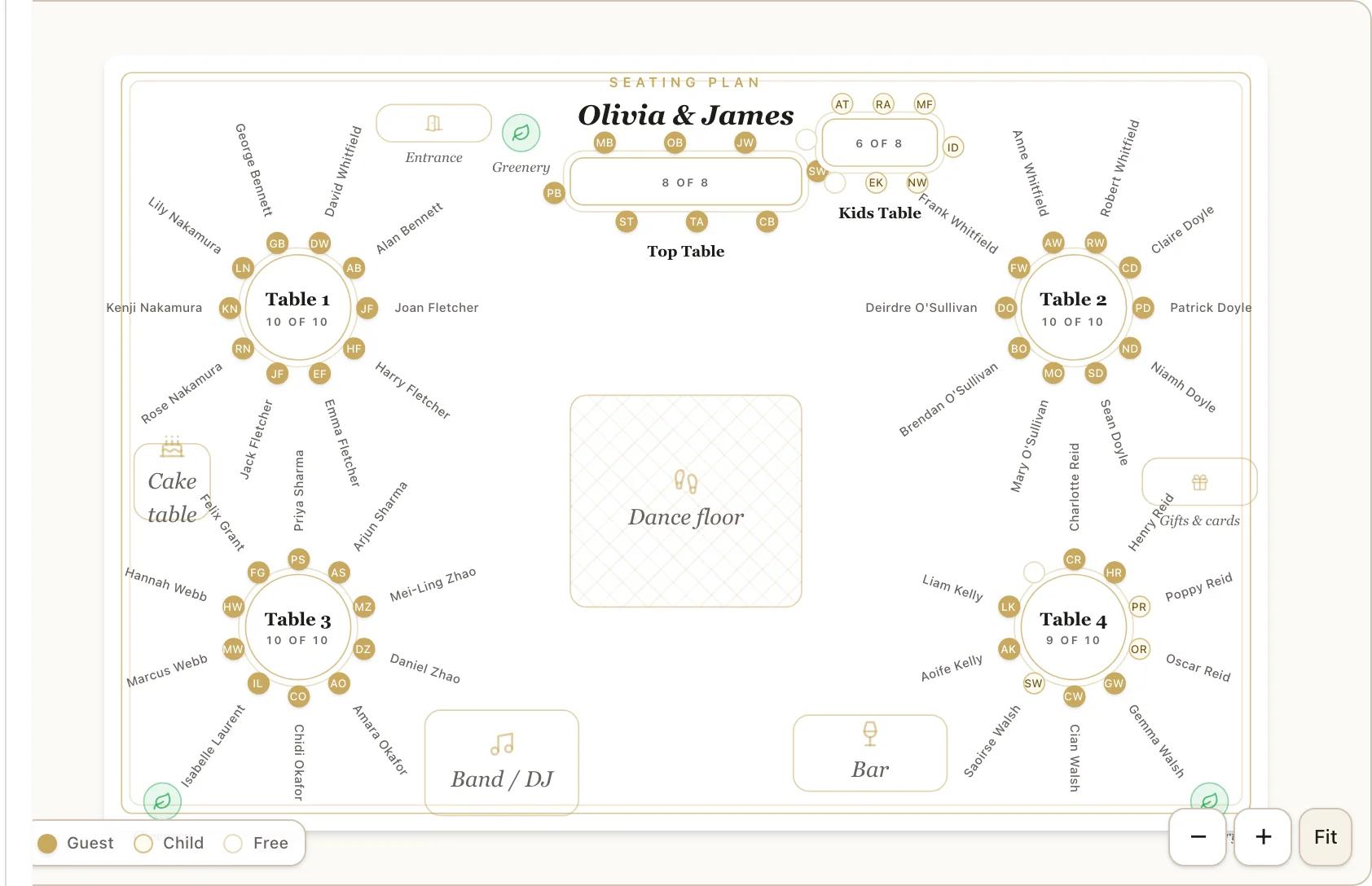 The Fizz seating planner floor plan: tables around a parquet dance floor with greenery, an entrance and a band