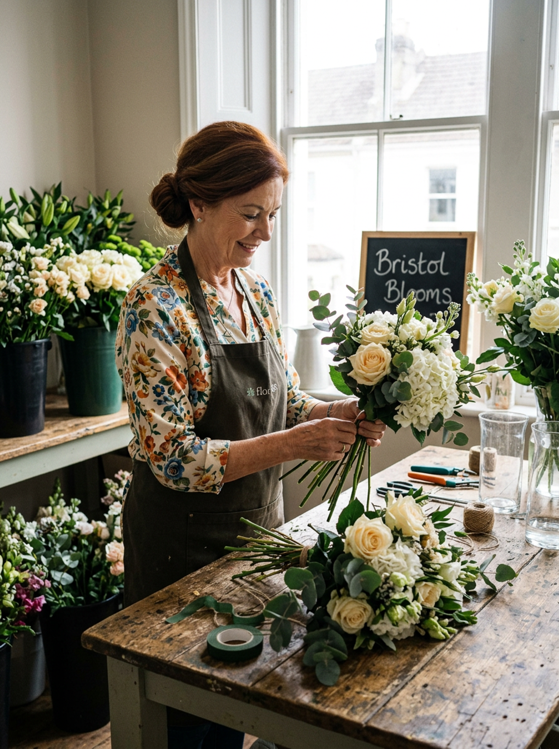 Susan in her florists apron, arranging cream-and-green wedding bouquets in her Bristol studio