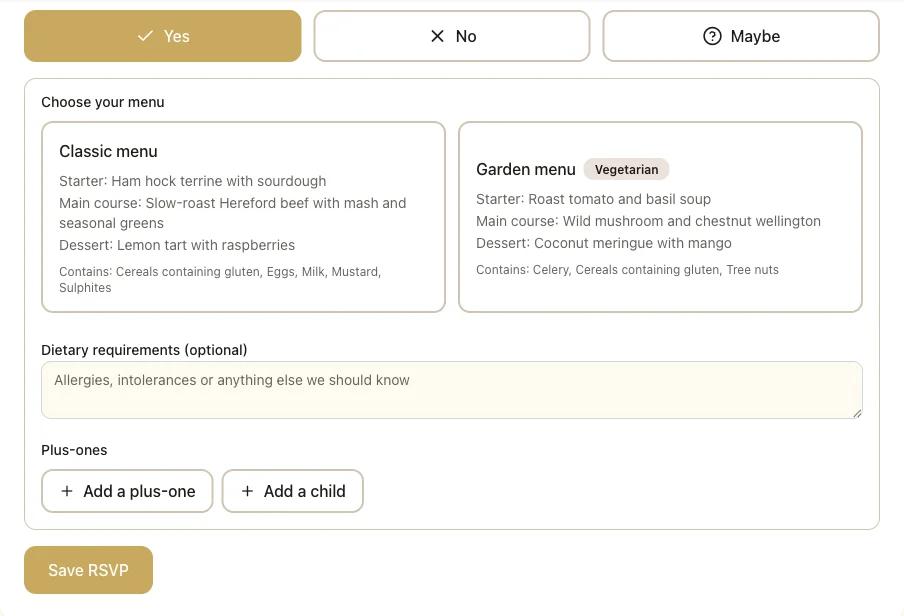 A guest's RSVP form: Yes, No and Maybe buttons, then Choose your menu with a Classic menu card and a Garden menu card marked Vegetarian, each listing a starter, a main course, a dessert and what it contains, then a dietary requirements box and Add a plus-one and Add a child buttons.