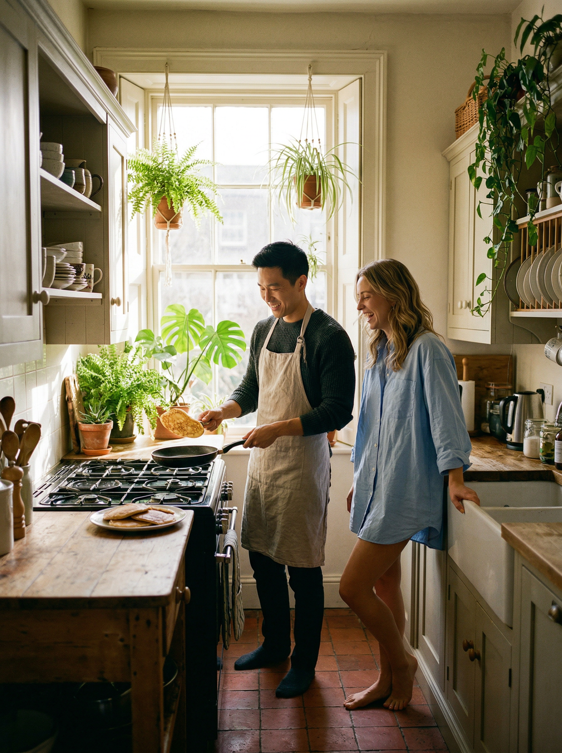 Sunday morning in Olivia and Jamess sunlit Dublin kitchen, pancakes on the hob, houseplants everywhere