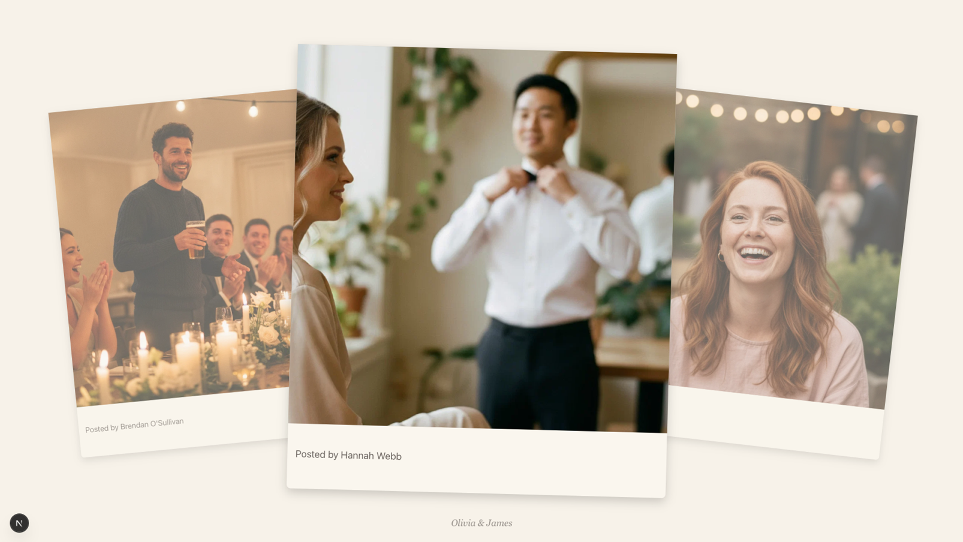 The live slideshow on a big screen: three polaroid-style guest photos of a toast, the bride getting ready and a laughing guest, captioned with the couple’s names