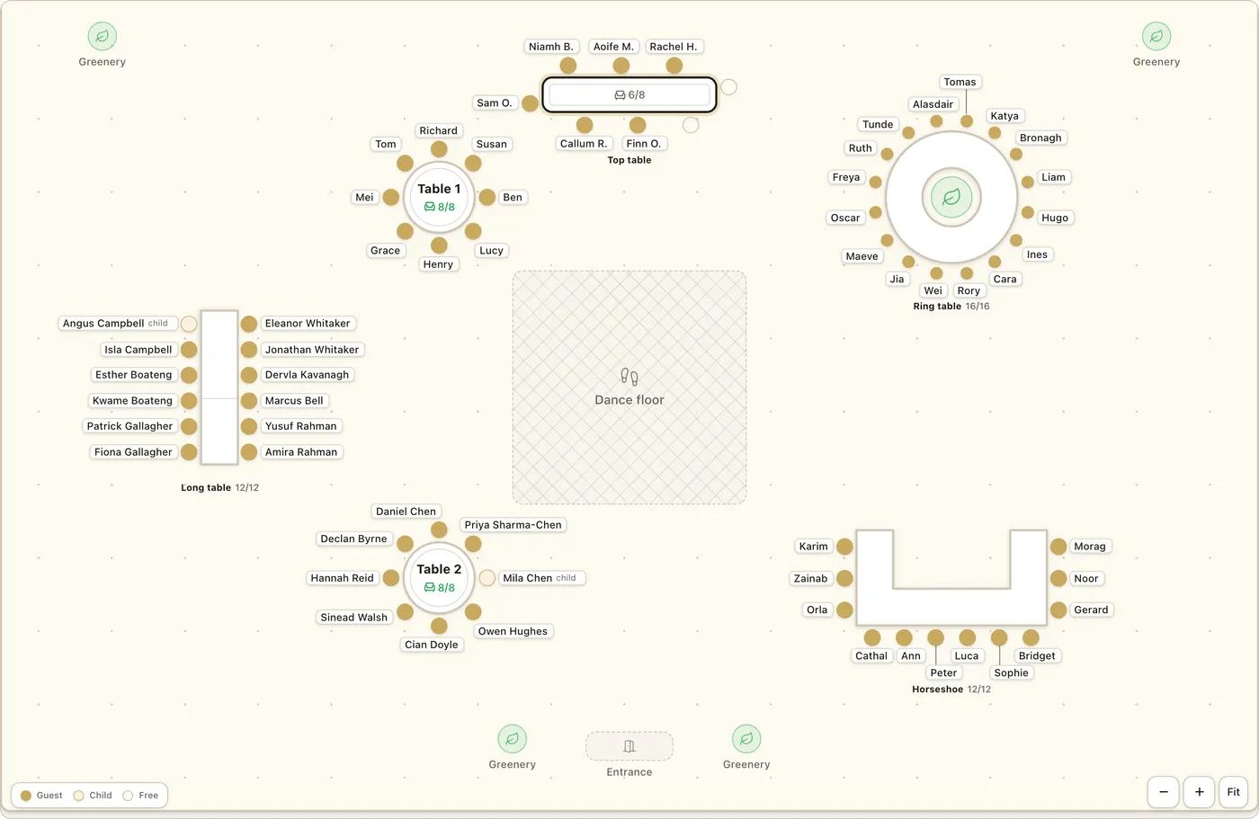 A 62 guest wedding room in the Fizz seating plan: a top table, two round tables, a long banquet table, a horseshoe table, a ring table with a flower centrepiece, a dance floor, an entrance and greenery, with every guest named beside their chair.