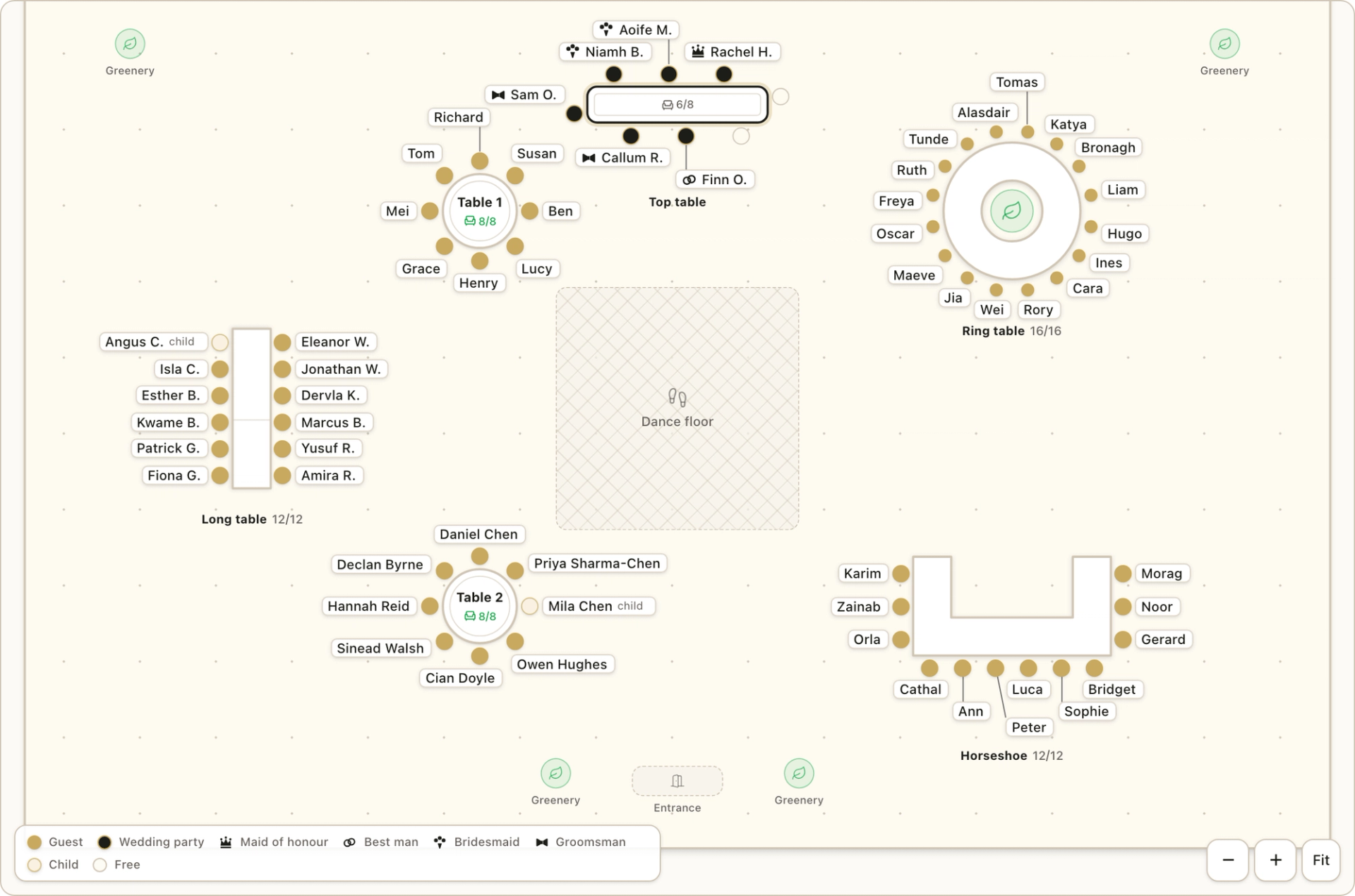 The seating plan with the wedding party's chairs picked out at the top table