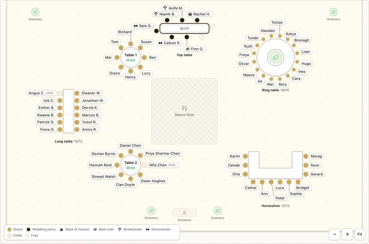 The seating plan with the wedding party at the top table in dark chairs, each labelled by name with a small role icon, and a key listing Guest, Wedding party, Maid of honour, Best man, Bridesmaid and Groomsman.