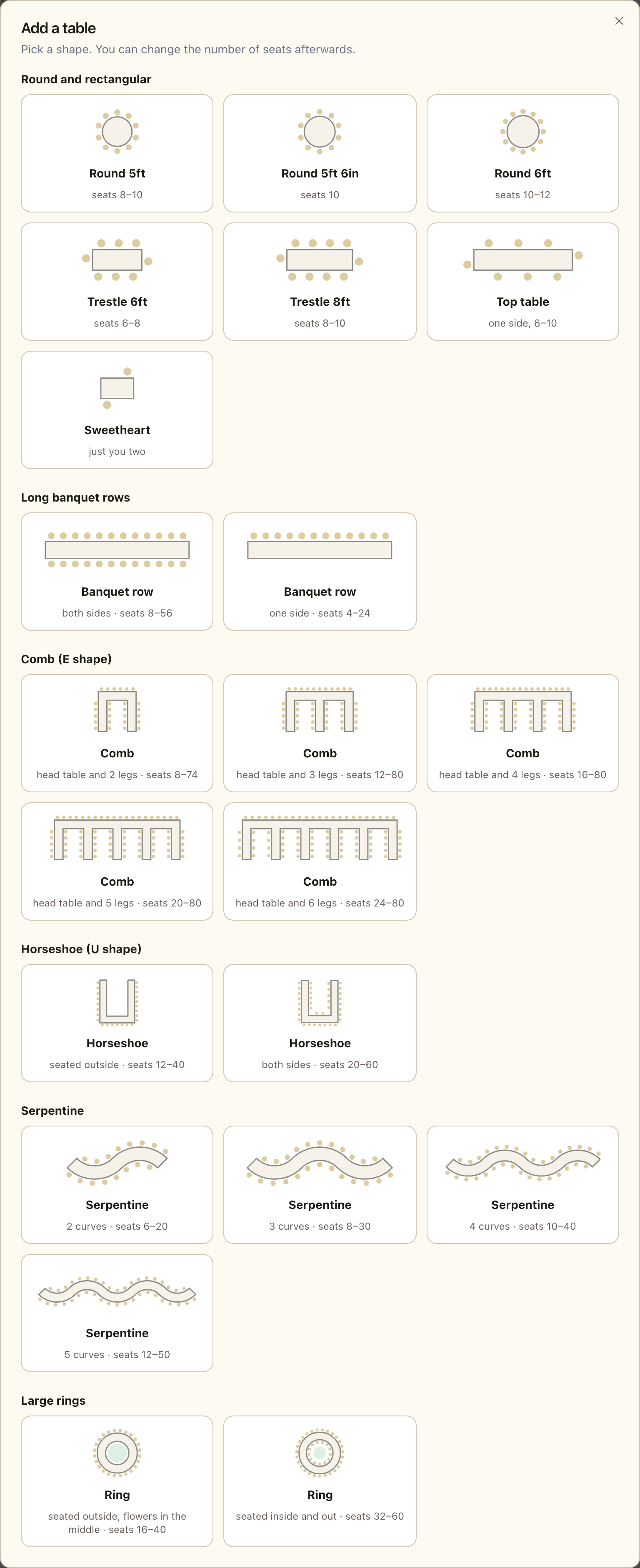 The Fizz layout picker showing round, banquet, comb, horseshoe, serpentine and ring table layouts drawn to scale