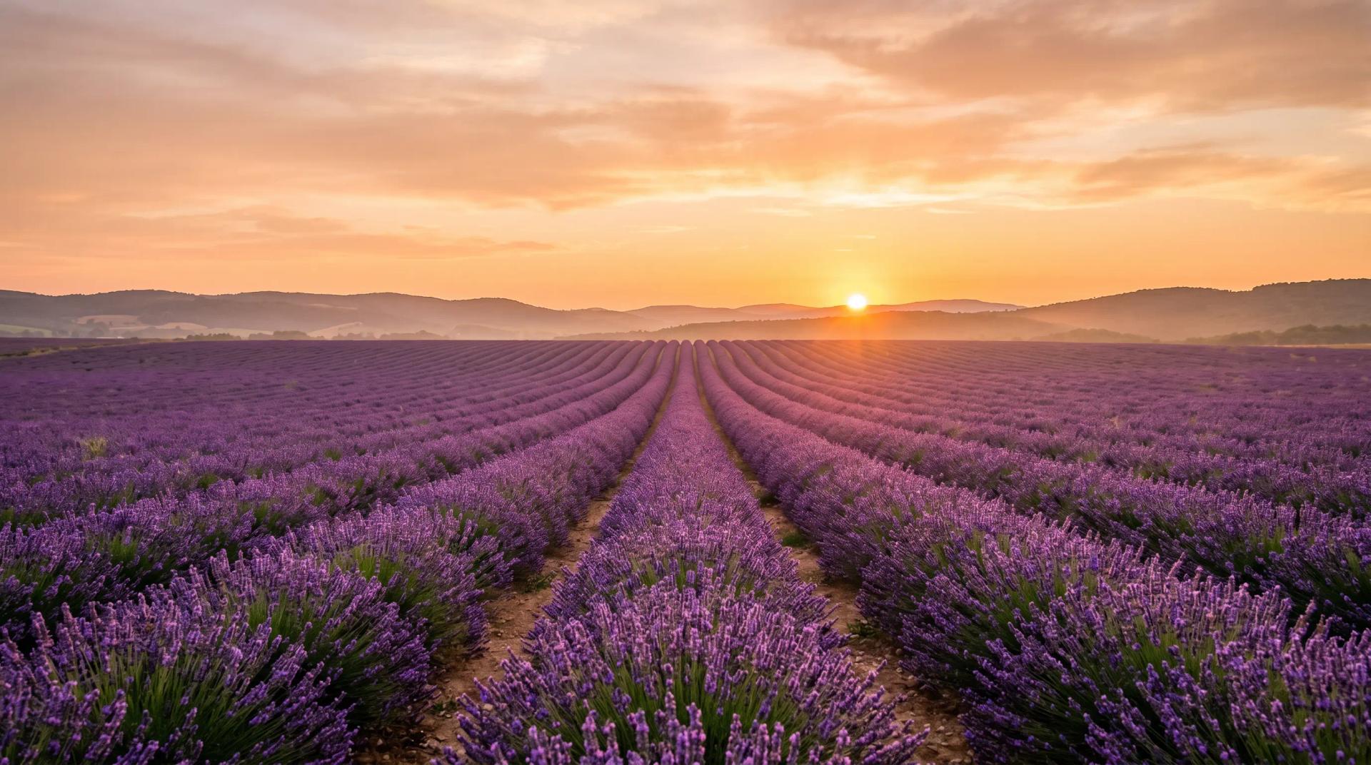 Rows of purple lavender stretching to the horizon under a warm sunset sky
