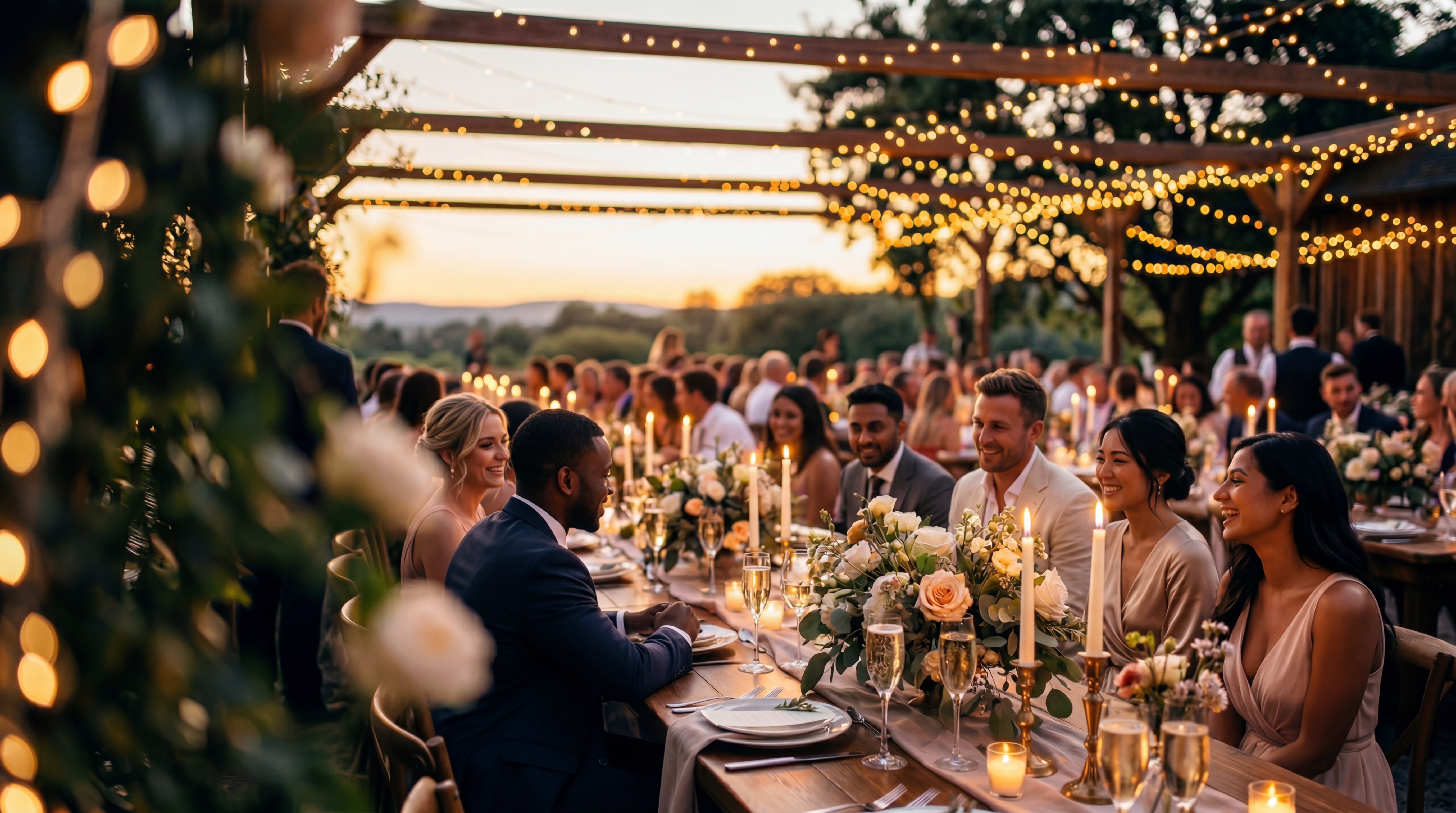 Diverse wedding guests celebrating at an outdoor golden-hour reception with string lights, candles, and cream floral centre pieces