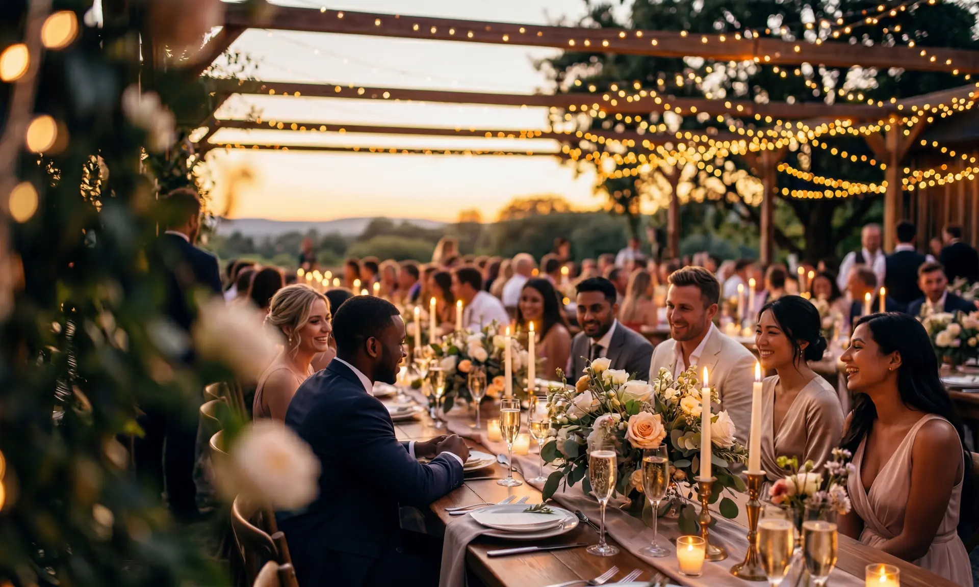 Diverse wedding guests celebrating at an outdoor golden-hour reception with string lights, candles, and cream floral centre pieces