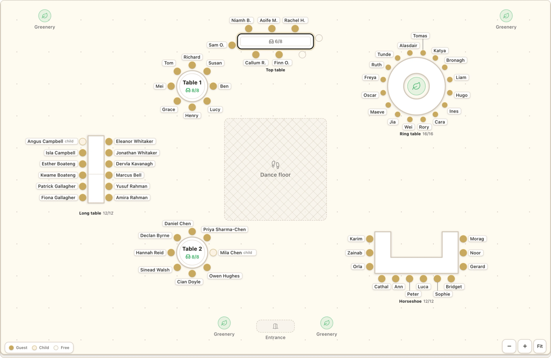 A 62 guest wedding room in the published seating plan: a top table, two round tables, a long banquet table, a horseshoe table, a ring table with a flower centrepiece, a dance floor, an entrance and greenery, with every guest named beside their chair.