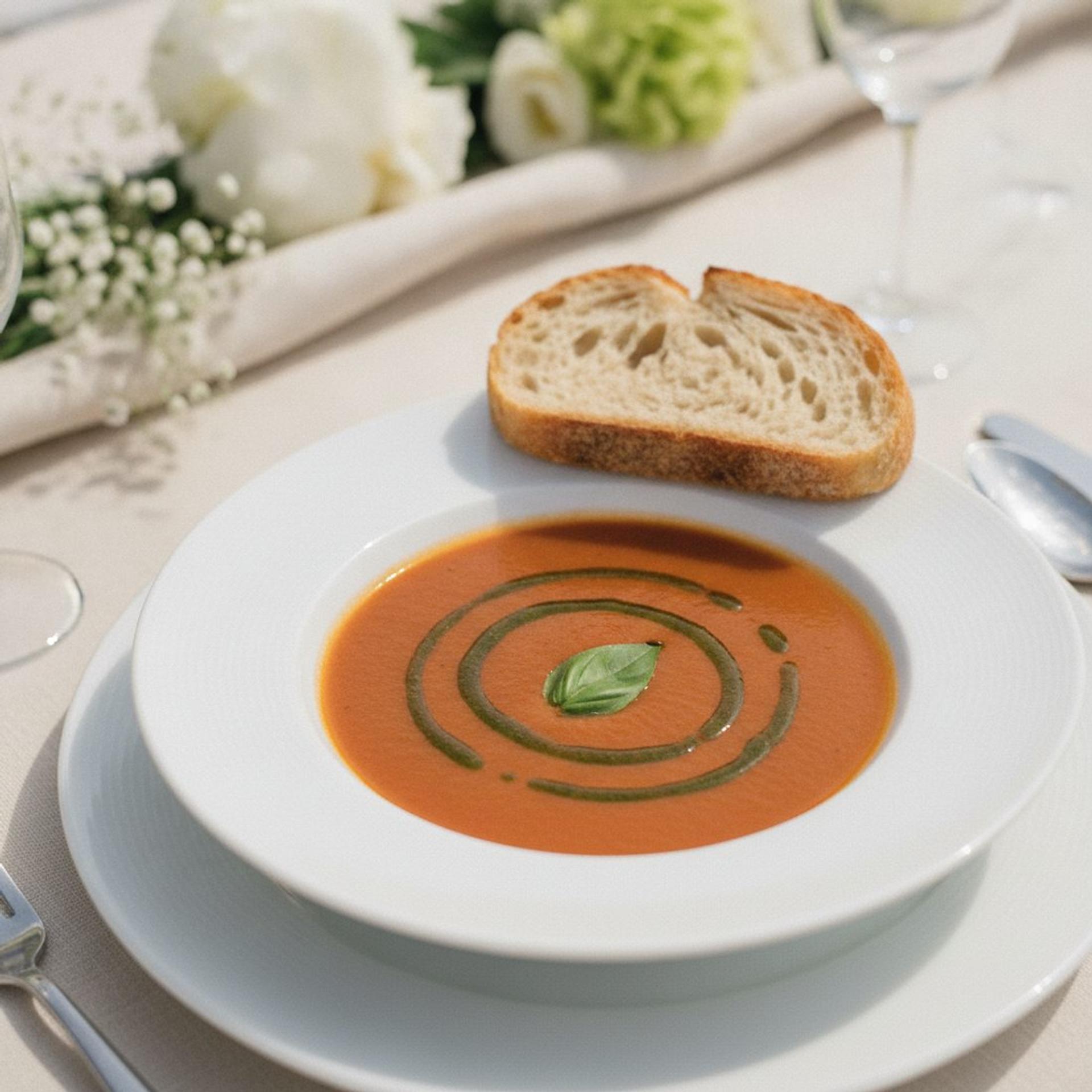 A white bowl of roast tomato and basil soup with a swirl of basil oil, sourdough on the plate, at a bright wedding table