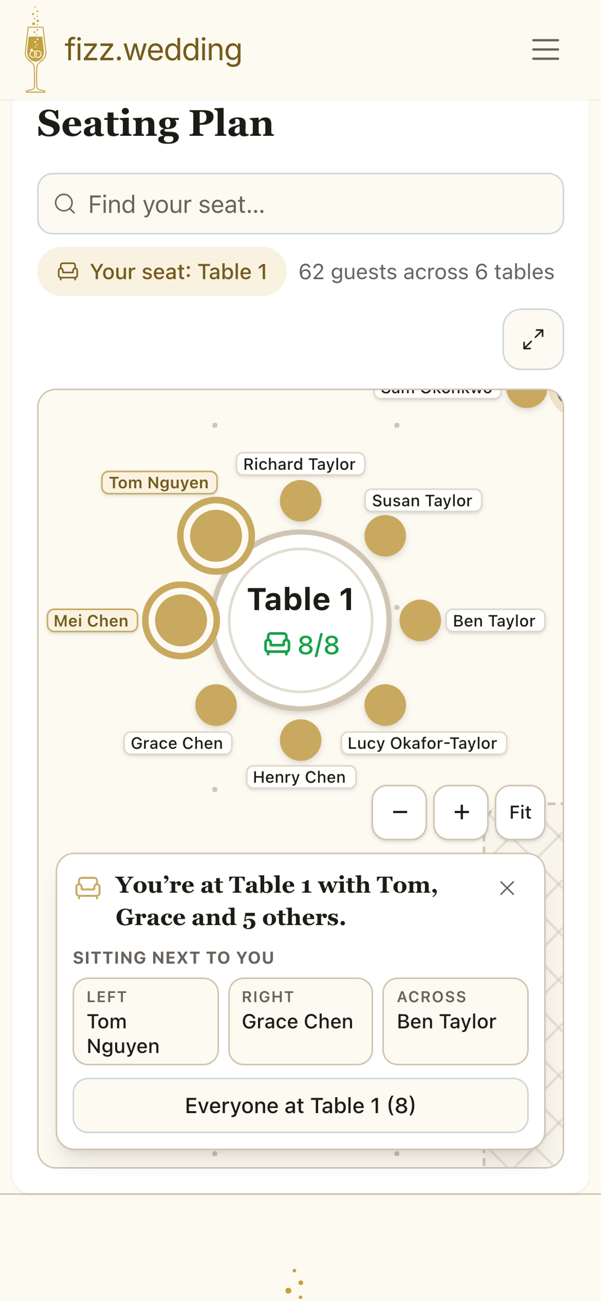 A guest's phone showing the published seating plan zoomed to their own table, Table 1, with their chair and their partner's chair ringed, a Your seat: Table 1 button, and a card reading You're at Table 1 with Tom, Grace and 5 others, with the guests sitting left, right and across.