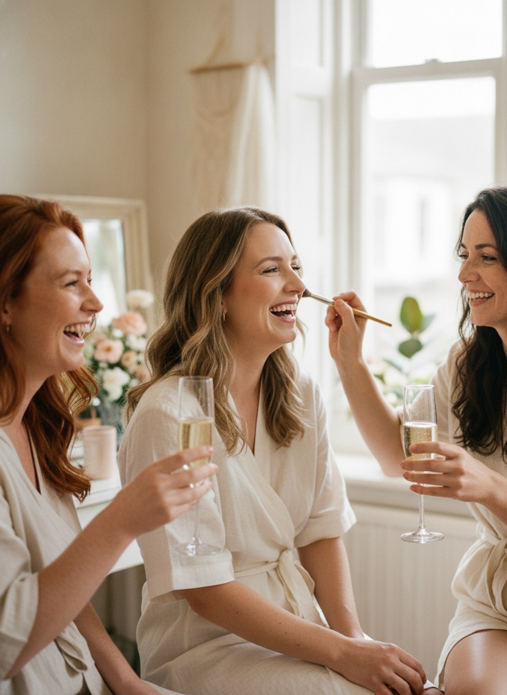 Olivia laughing with her bridesmaids in matching robes, bucks fizz in hand