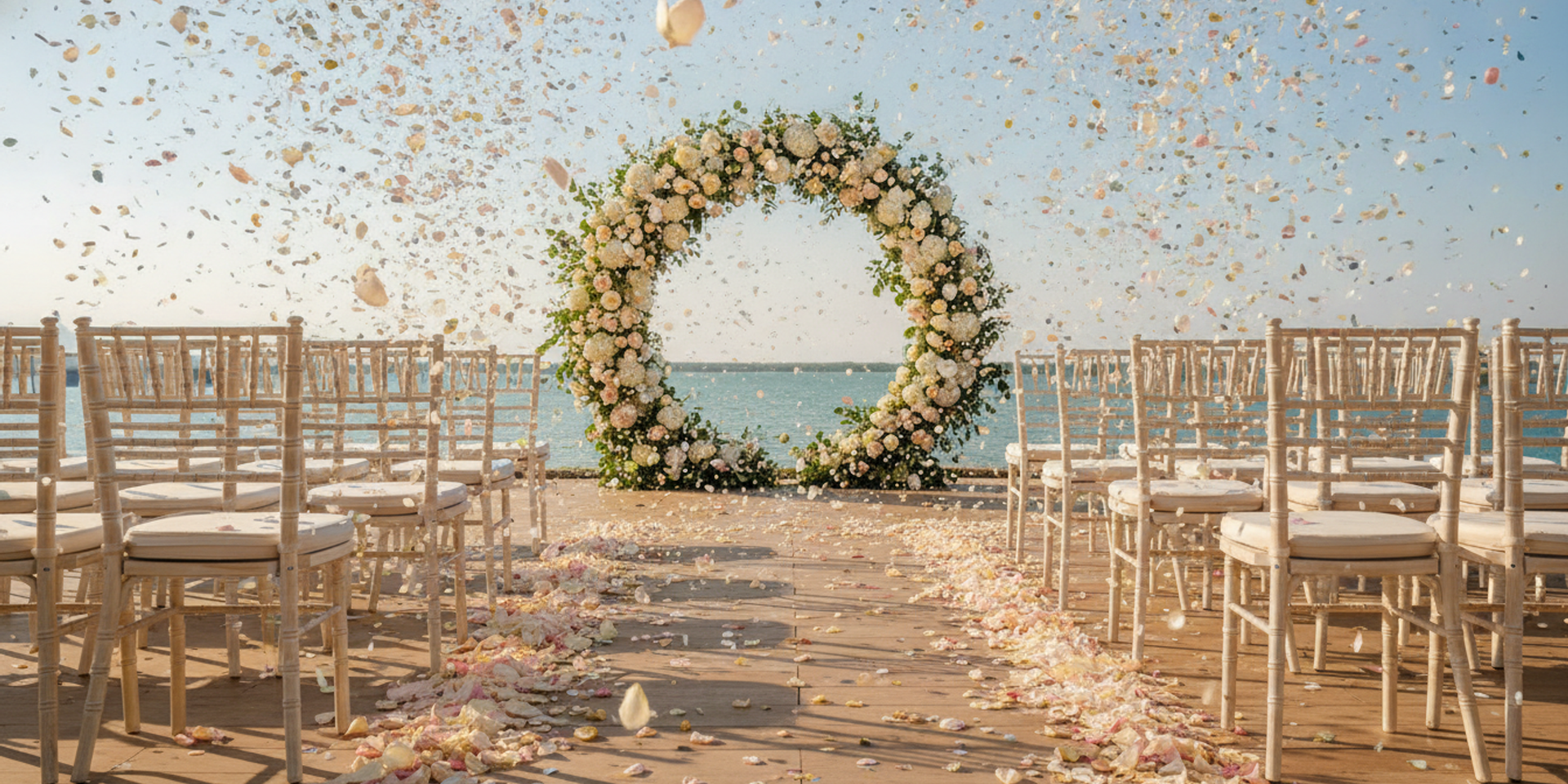 Confetti and petals over a decorated waterside wedding ceremony aisle