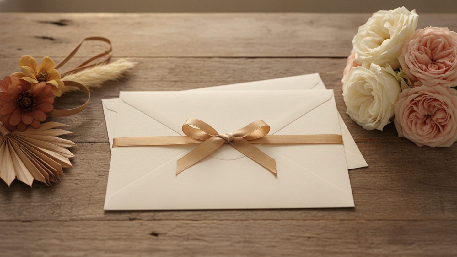 Two cream wedding invitation envelopes tied together with a gold ribbon on a rustic wooden table, dried tropical flowers on one side and classic garden roses on the other