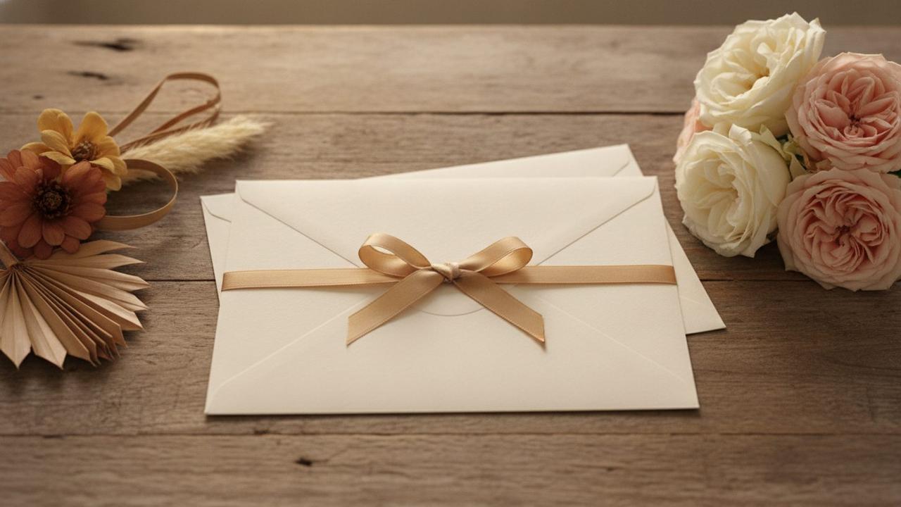 Two cream wedding invitation envelopes tied together with a gold ribbon on a rustic wooden table, dried tropical flowers on one side and classic garden roses on the other
