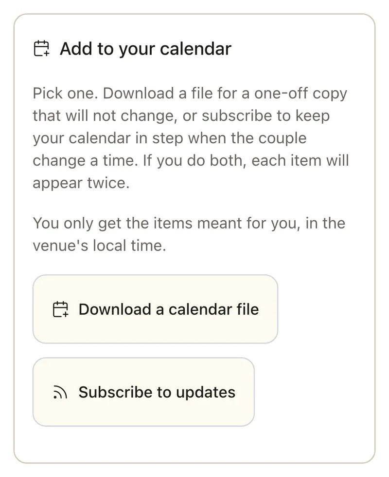 The Add to your calendar section of the wedding page itinerary on a phone: a note to pick either a downloaded file or a subscription, and two buttons, Download a calendar file and Subscribe to updates.