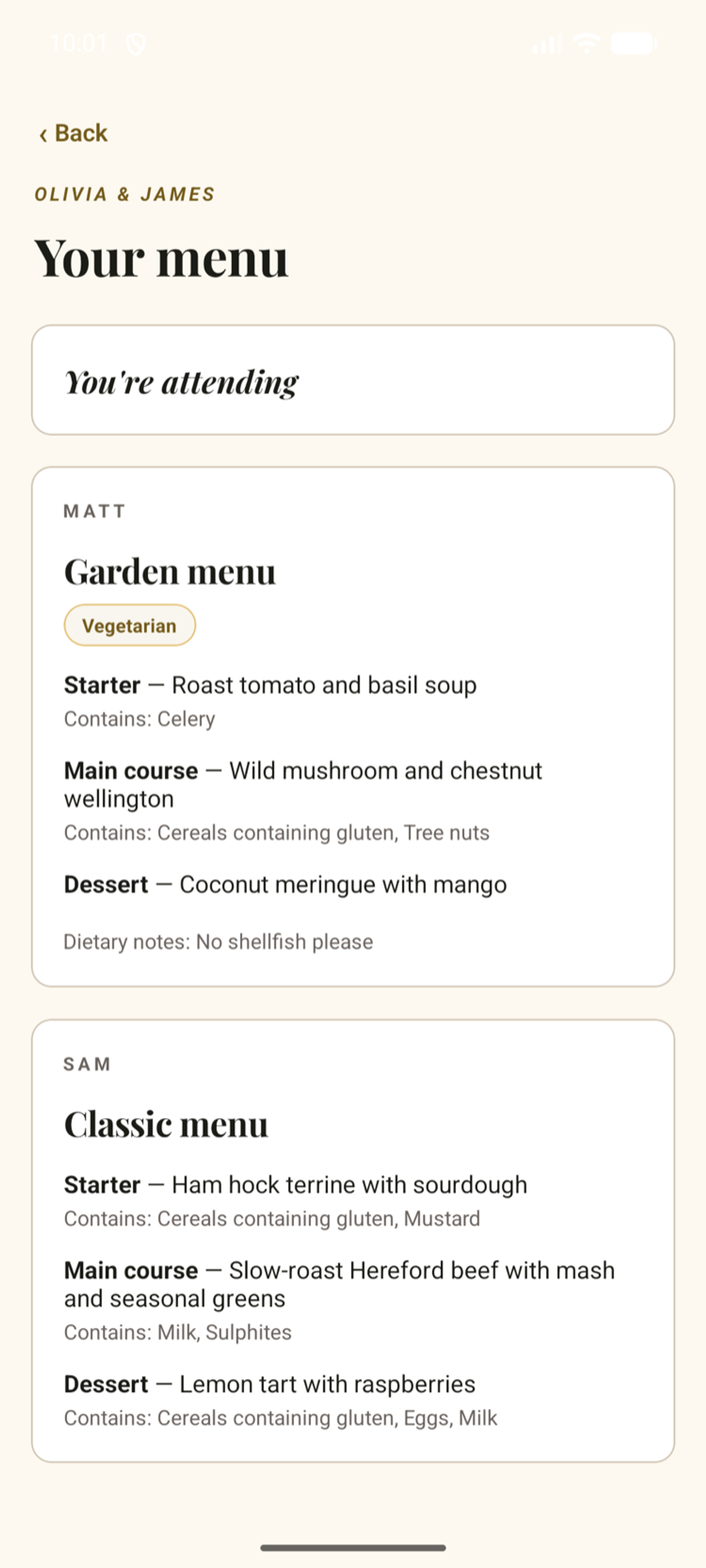 The Fizz companion app showing a guest's own menu choices, with allergen lines and their plus-one's choices