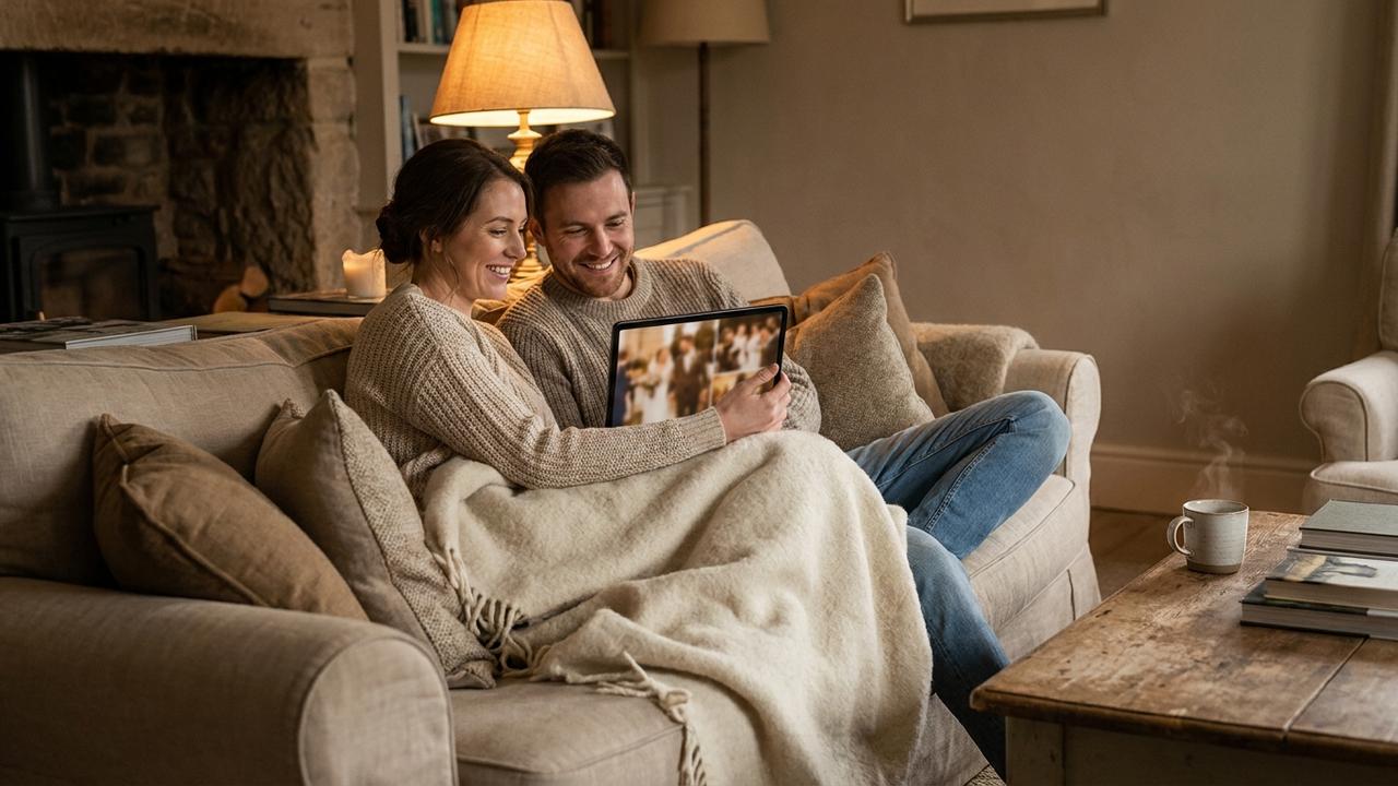 A newlywed couple snuggled on a sofa at home, smiling as they look back at their wedding photos on a tablet