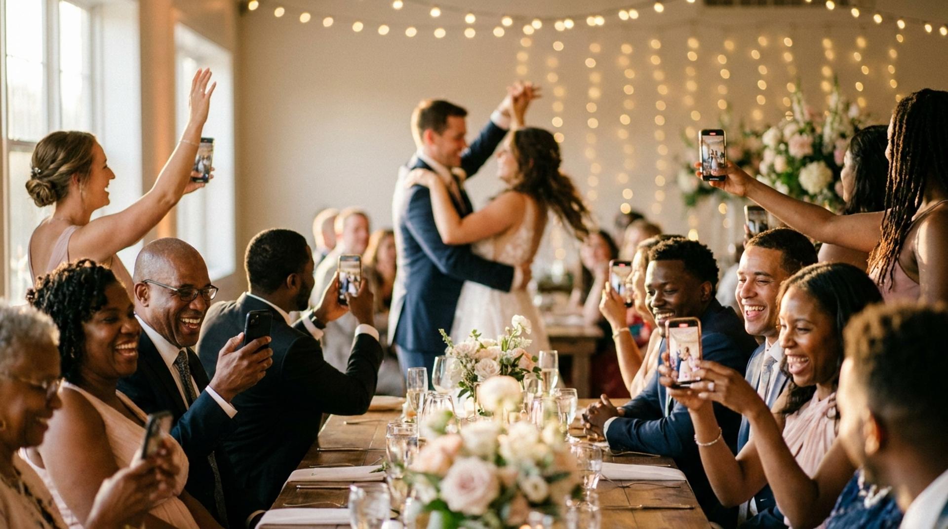 Diverse wedding guests at a golden-hour reception smiling and holding up their phones to photograph the couple on the dance floor