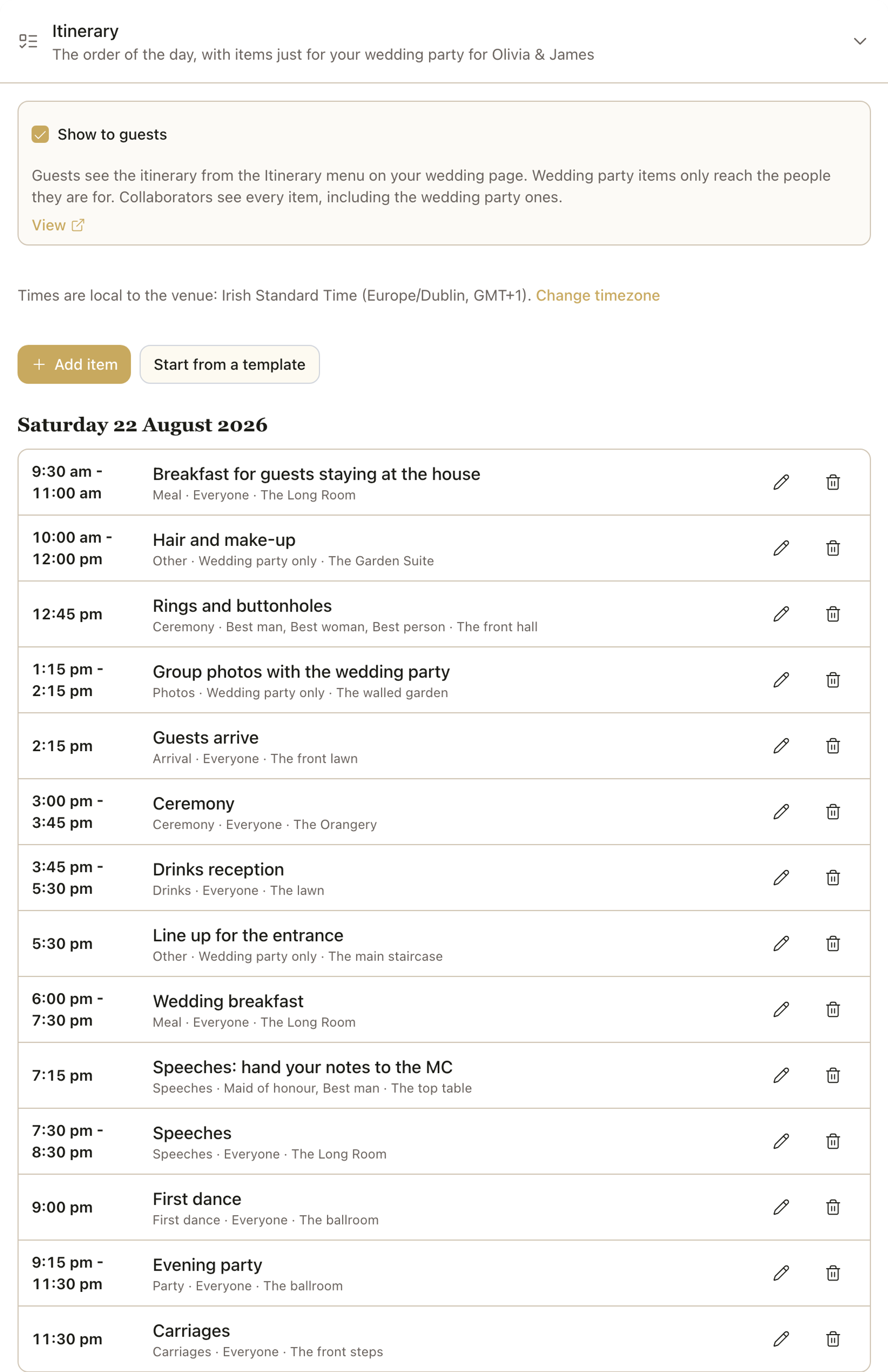 The host Itinerary panel. Show to guests is ticked, times are described as local to the venue in Irish Standard Time (Europe/Dublin), and Add item and Start from a template buttons sit above Saturday 22 August 2026, a full wedding day from a 9:30 am breakfast to 11:30 pm carriages. Each item says who can see it: Everyone, Wedding party only, or specific roles such as Best man, Best woman, Best person.