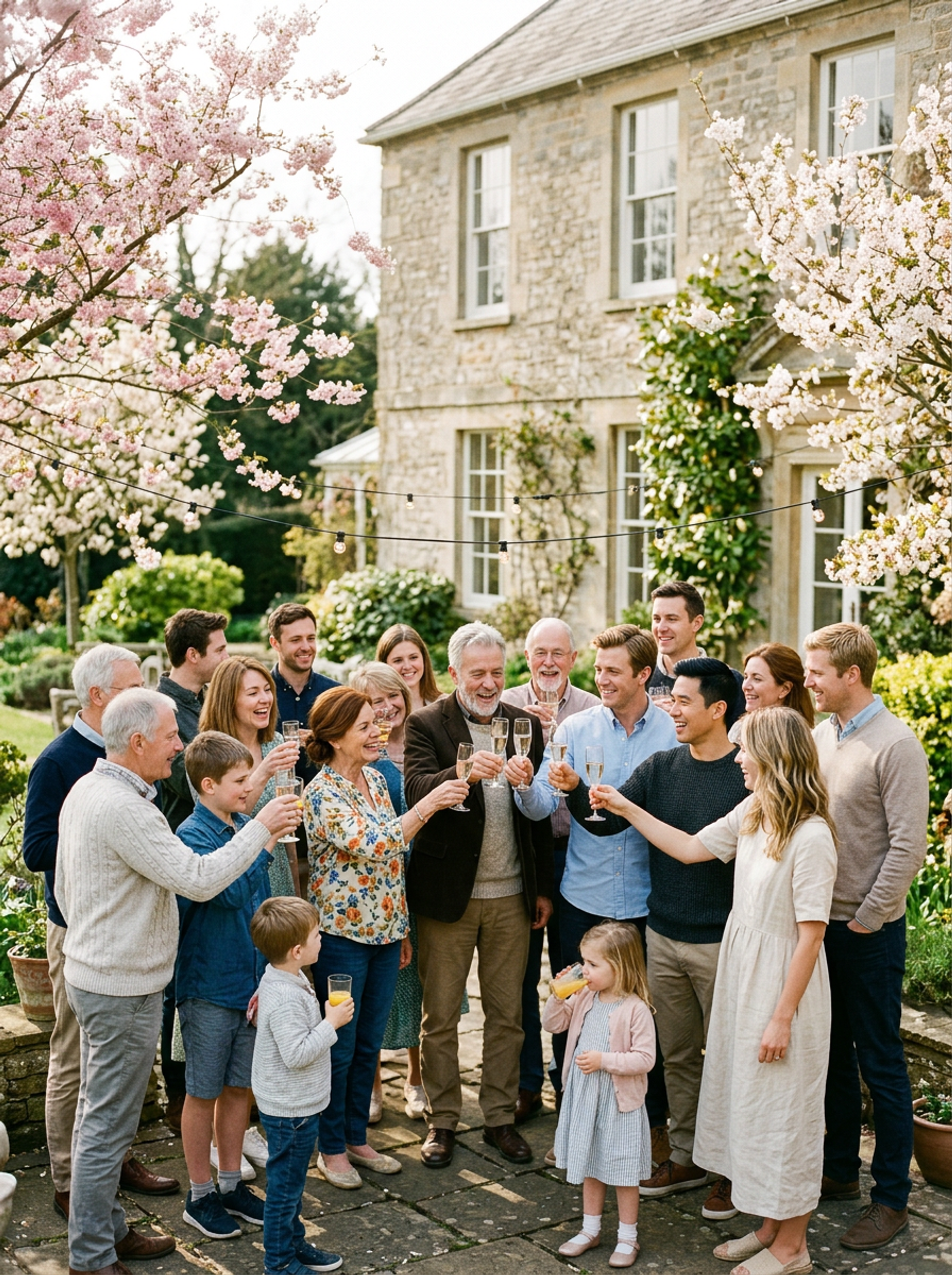 Engagement party at the Taylors in Bristol — extended family in a spring garden, champagne flutes raised