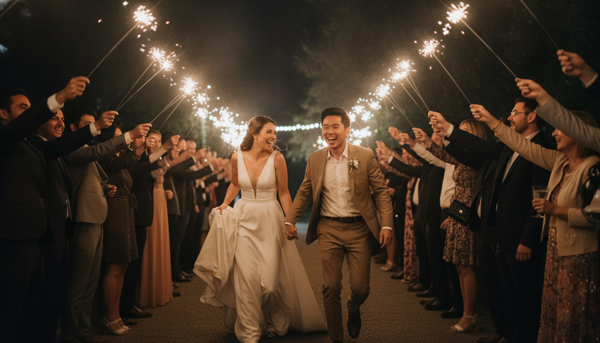 Olivia and James running through a tunnel of guests holding sparklers at their send-off