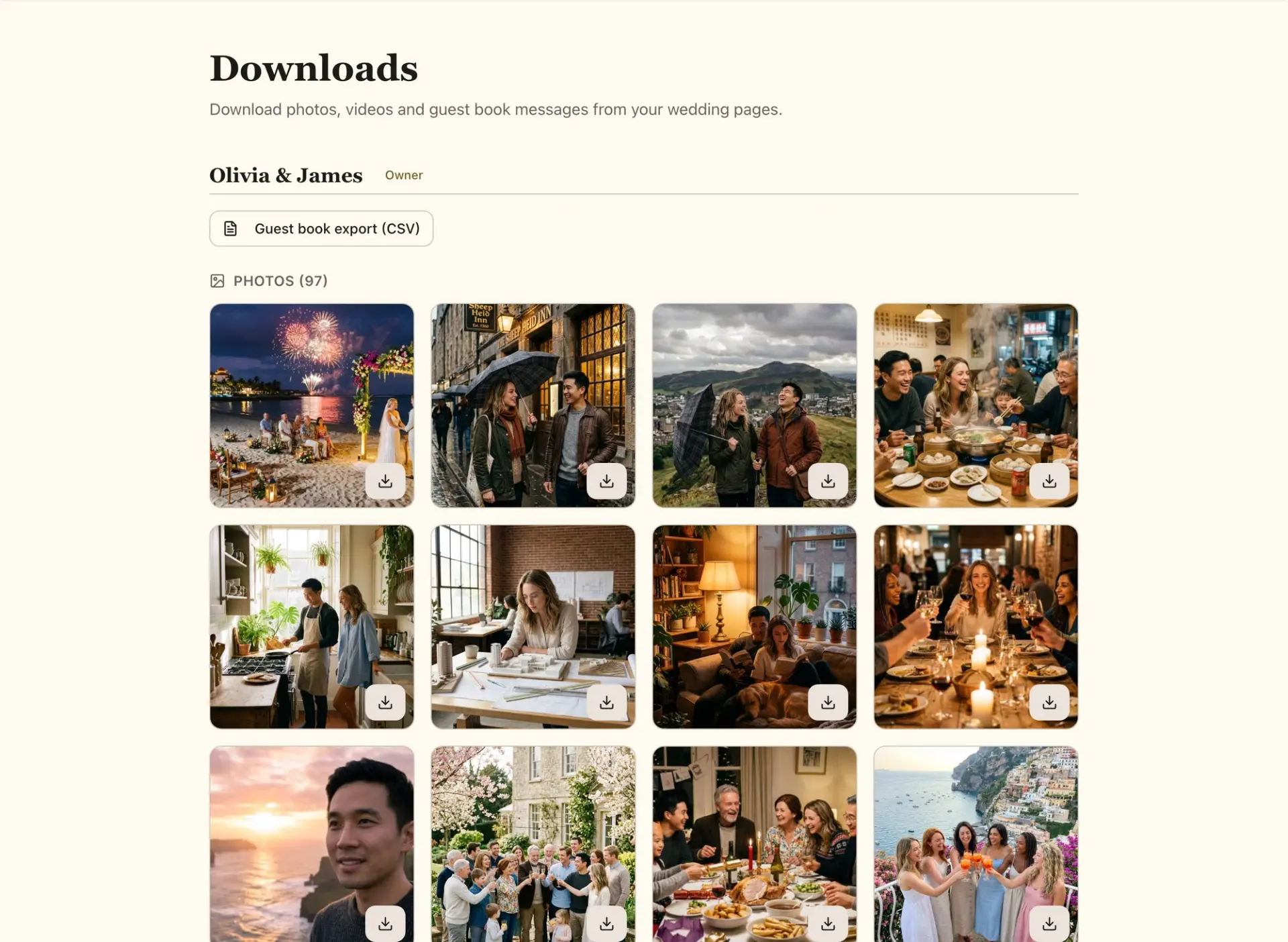 The Fizz downloads page: every wedding photo, video and guest book entry ready to download