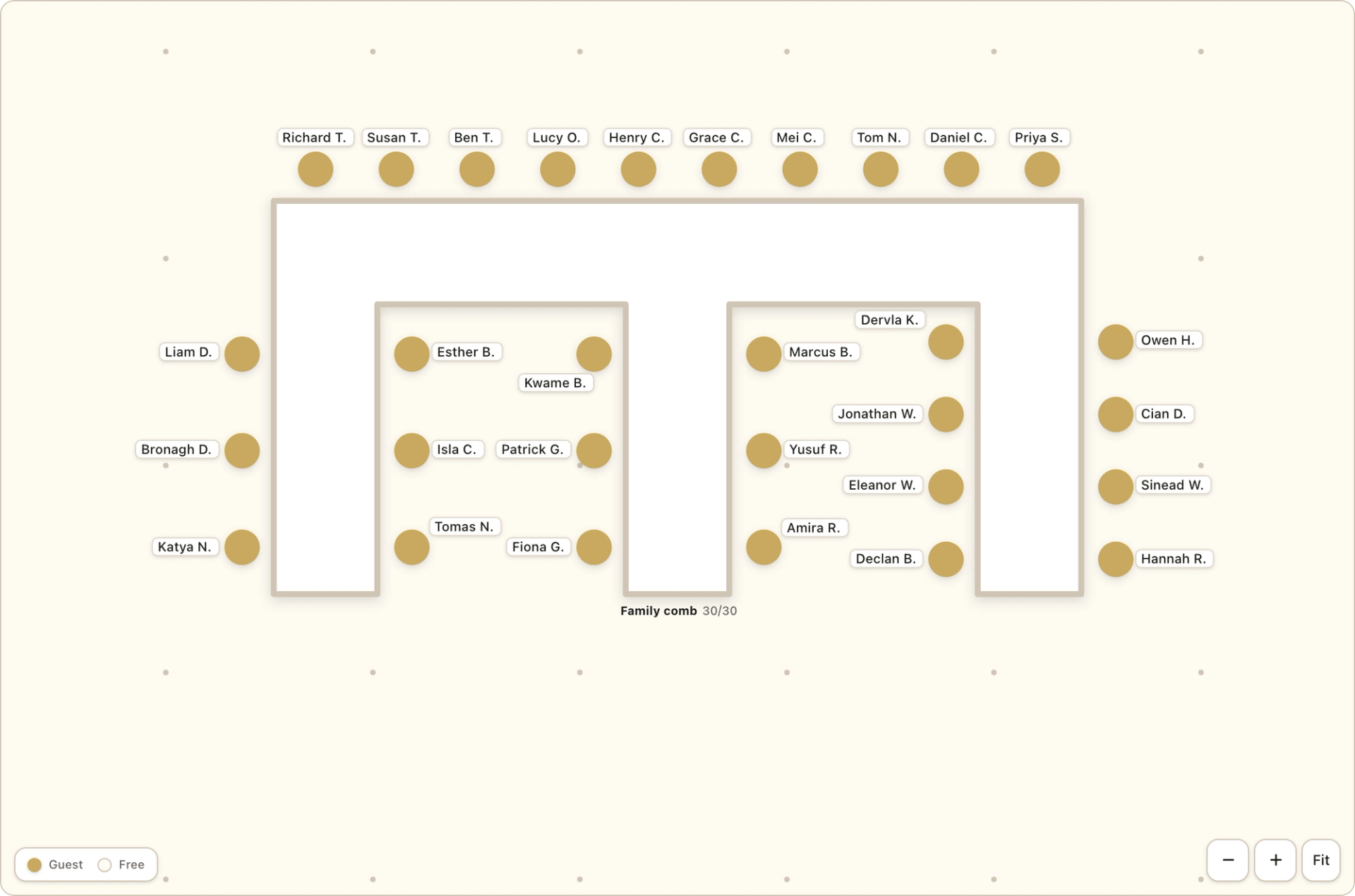 A comb layout with a head table and legs