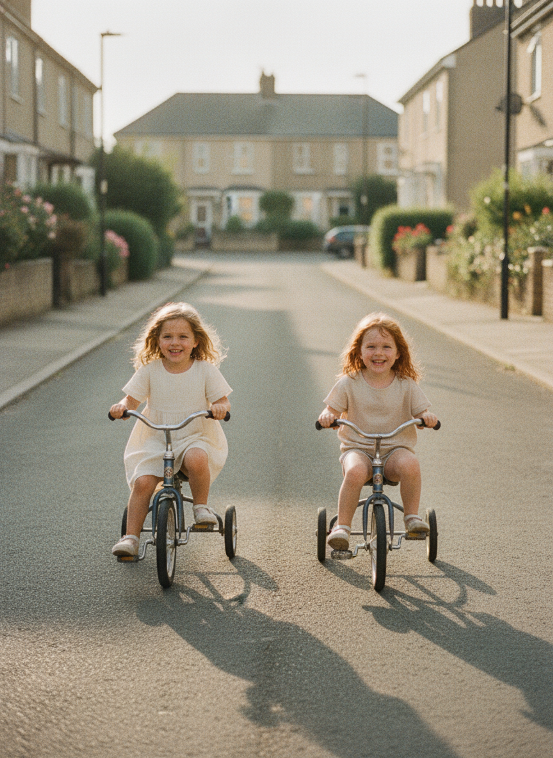 Olivia and Aoife as five-year-olds on tricycles in a Bristol cul-de-sac, late 90s film photo