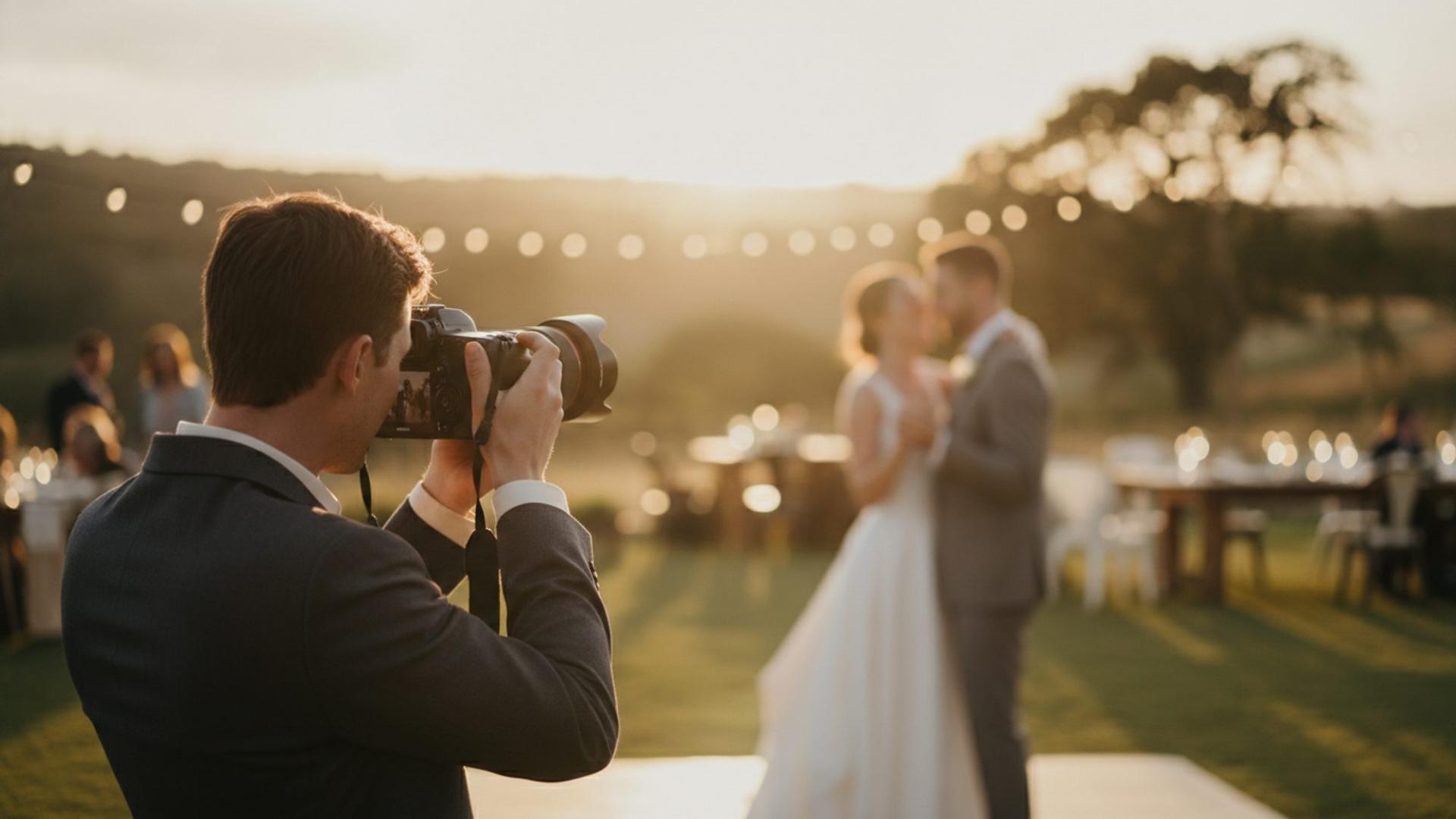 A wedding photographer at golden hour framing a couple dancing at a countryside reception