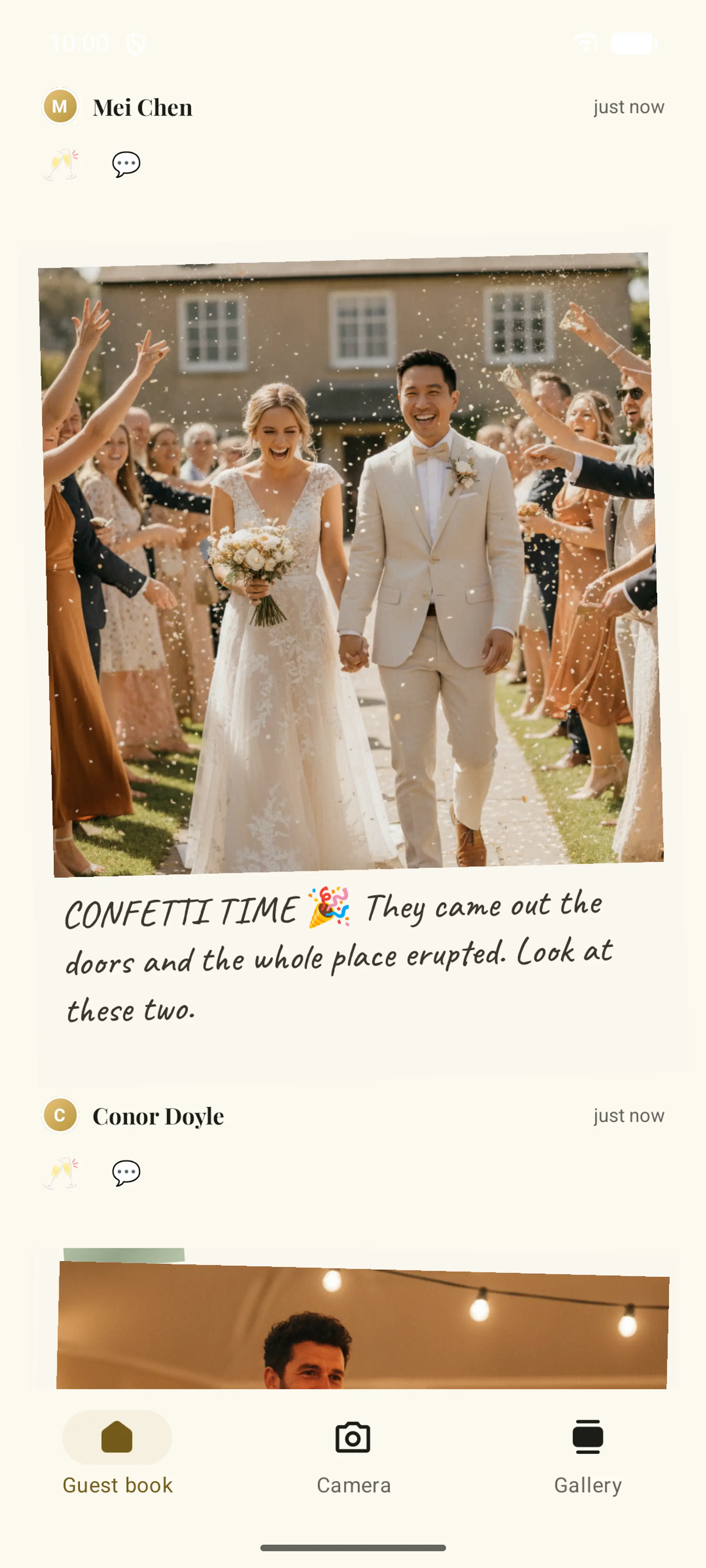 A guest's confetti photo shared in the Fizz companion app guest book